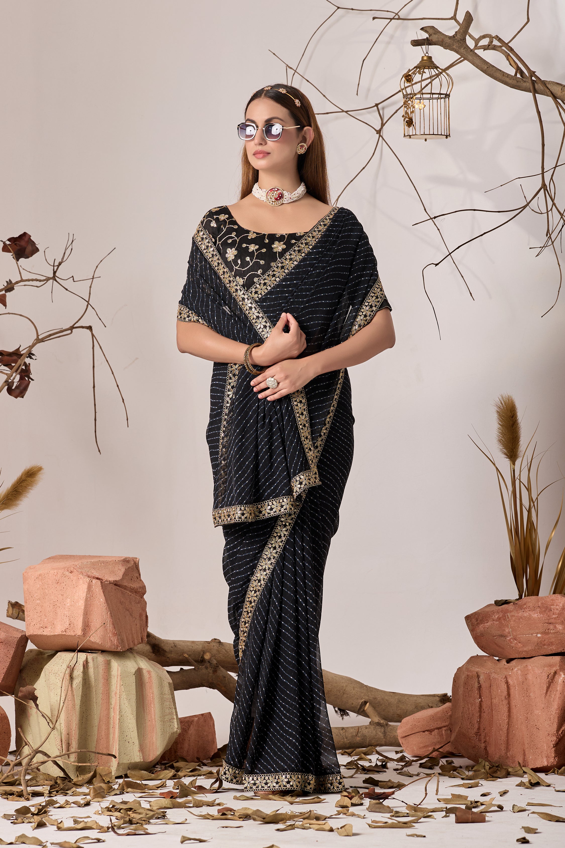 Royal Black Georgette Saree with Embroidered Border