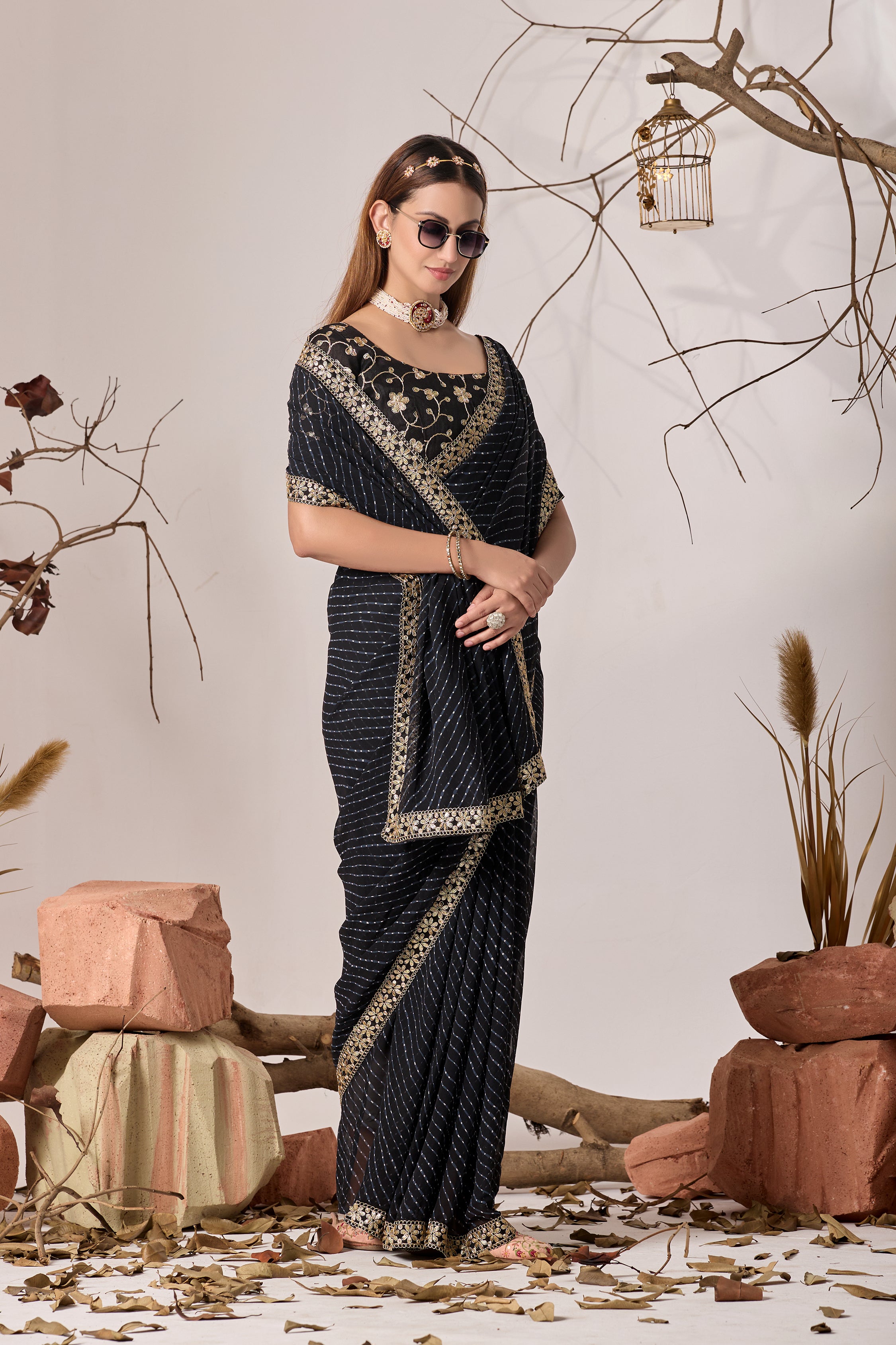 Royal Black Georgette Saree with Embroidered Border