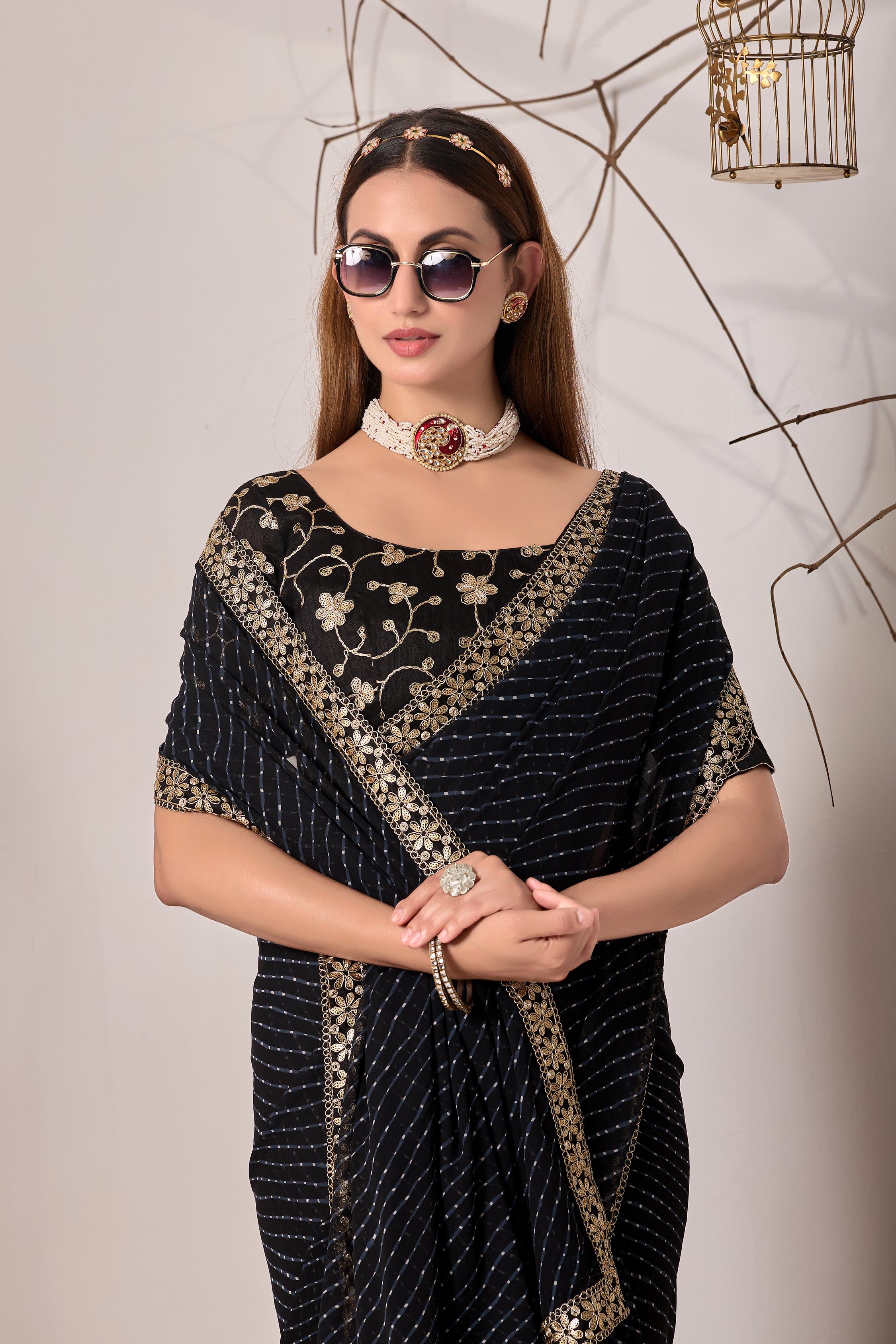 Royal Black Georgette Saree with Embroidered Border