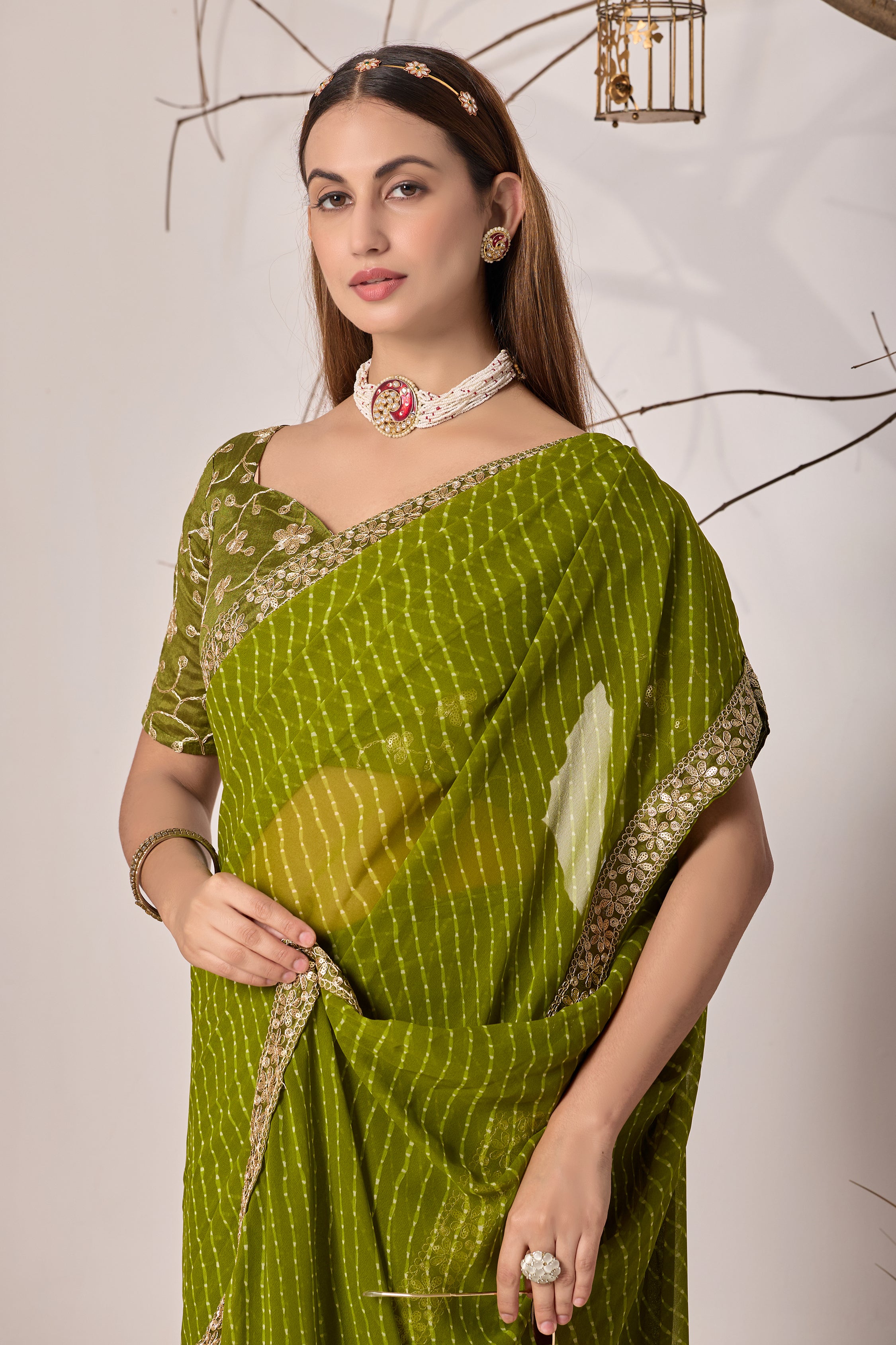 Royal Parrot Georgette Saree with Embroidered Border