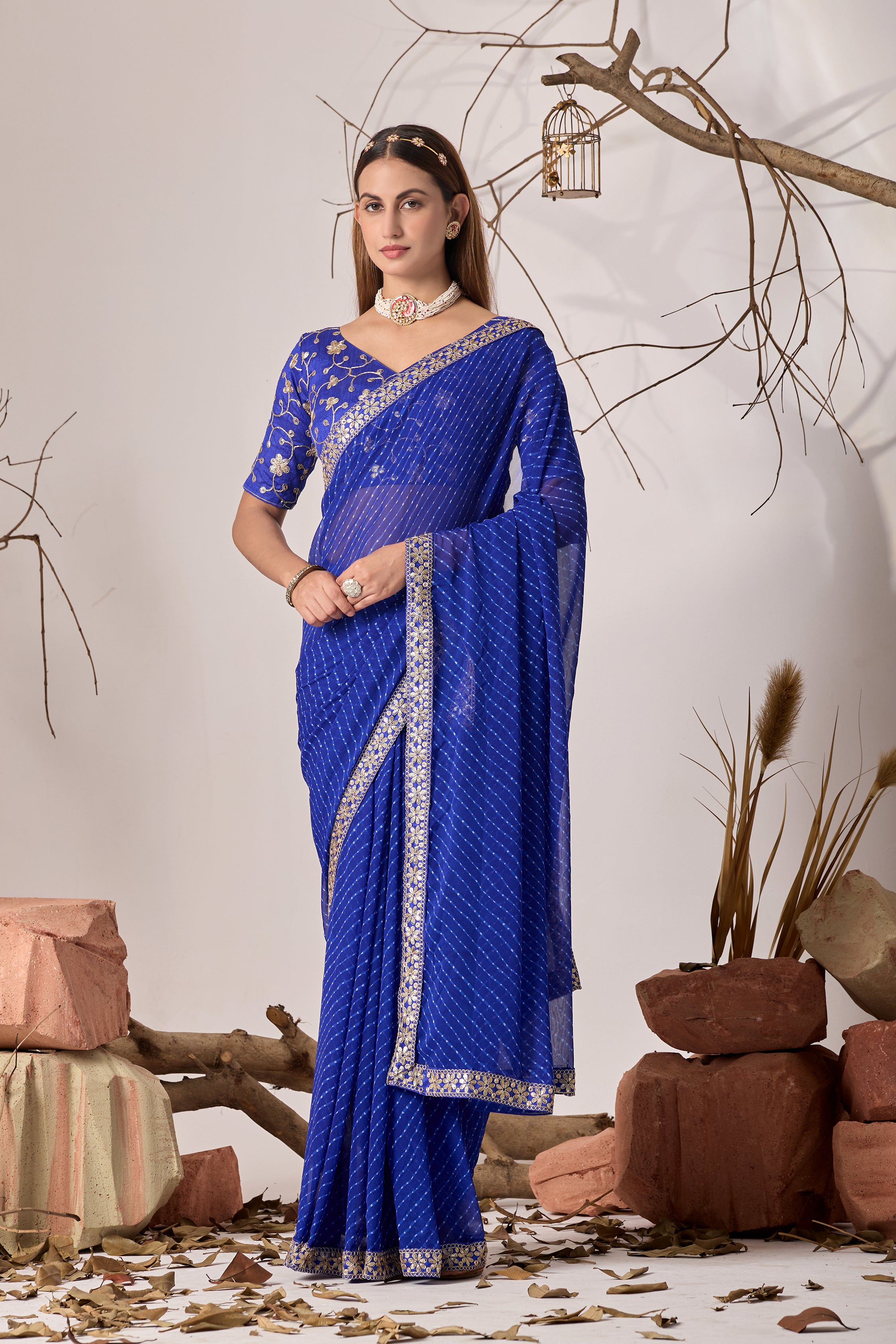 Royal Blue Georgette Saree with Embroidered Border