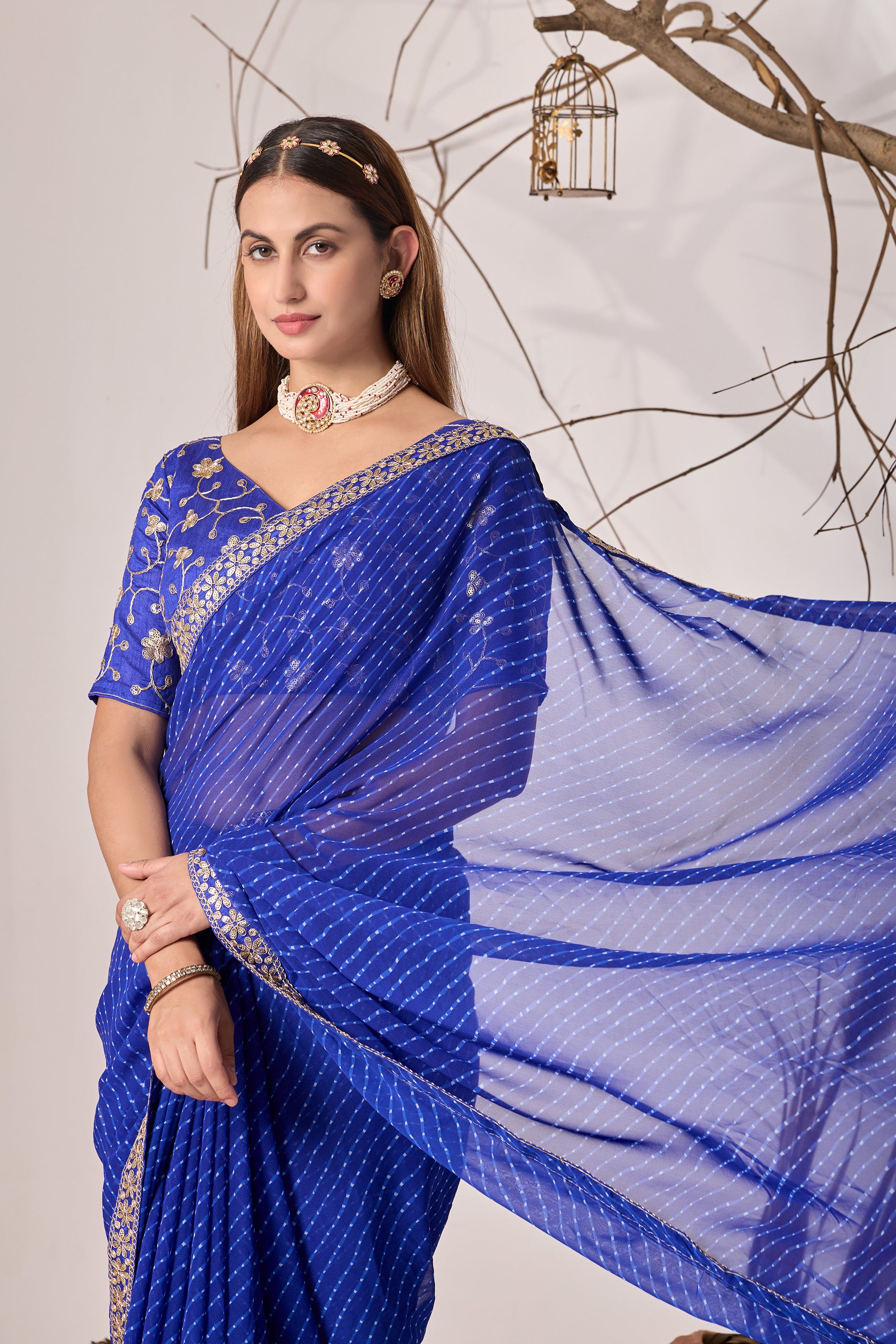 Royal Blue Georgette Saree with Embroidered Border