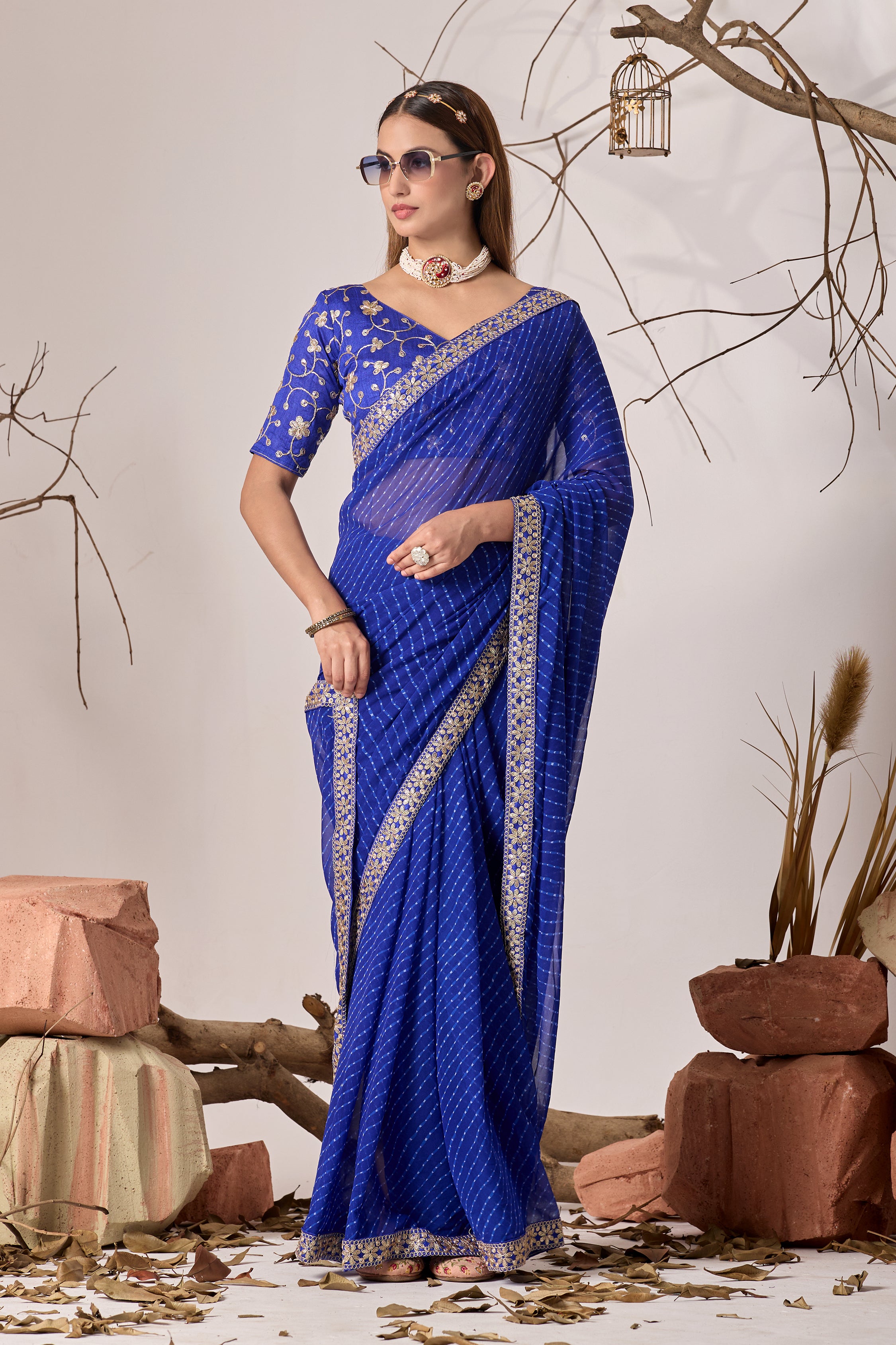Royal Blue Georgette Saree with Embroidered Border