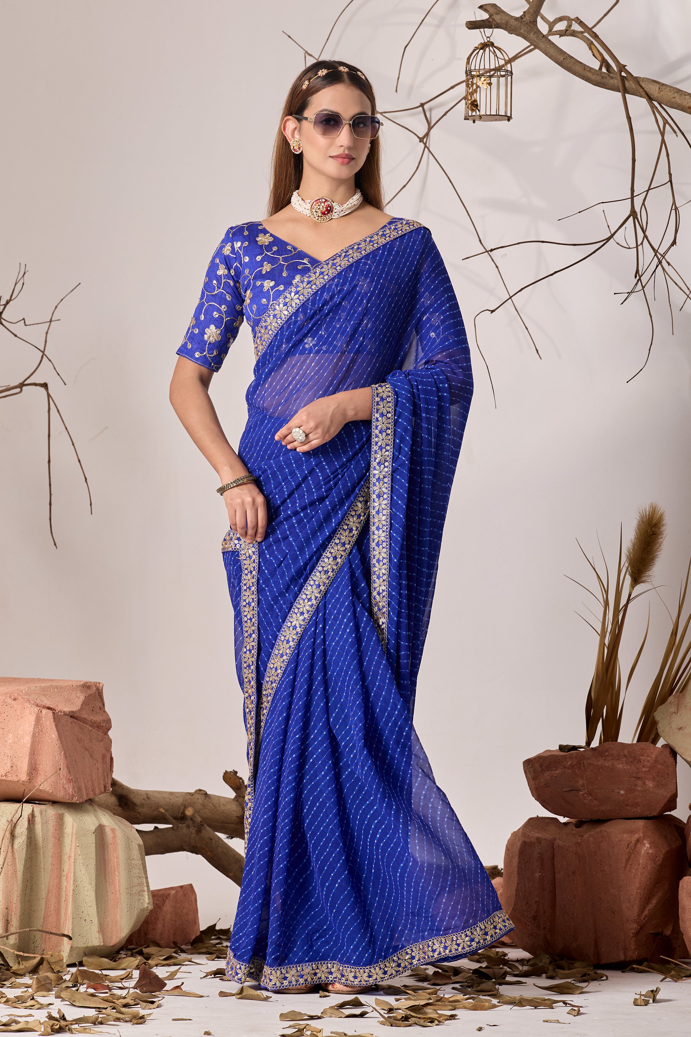 Royal Blue Georgette Saree with Embroidered Border