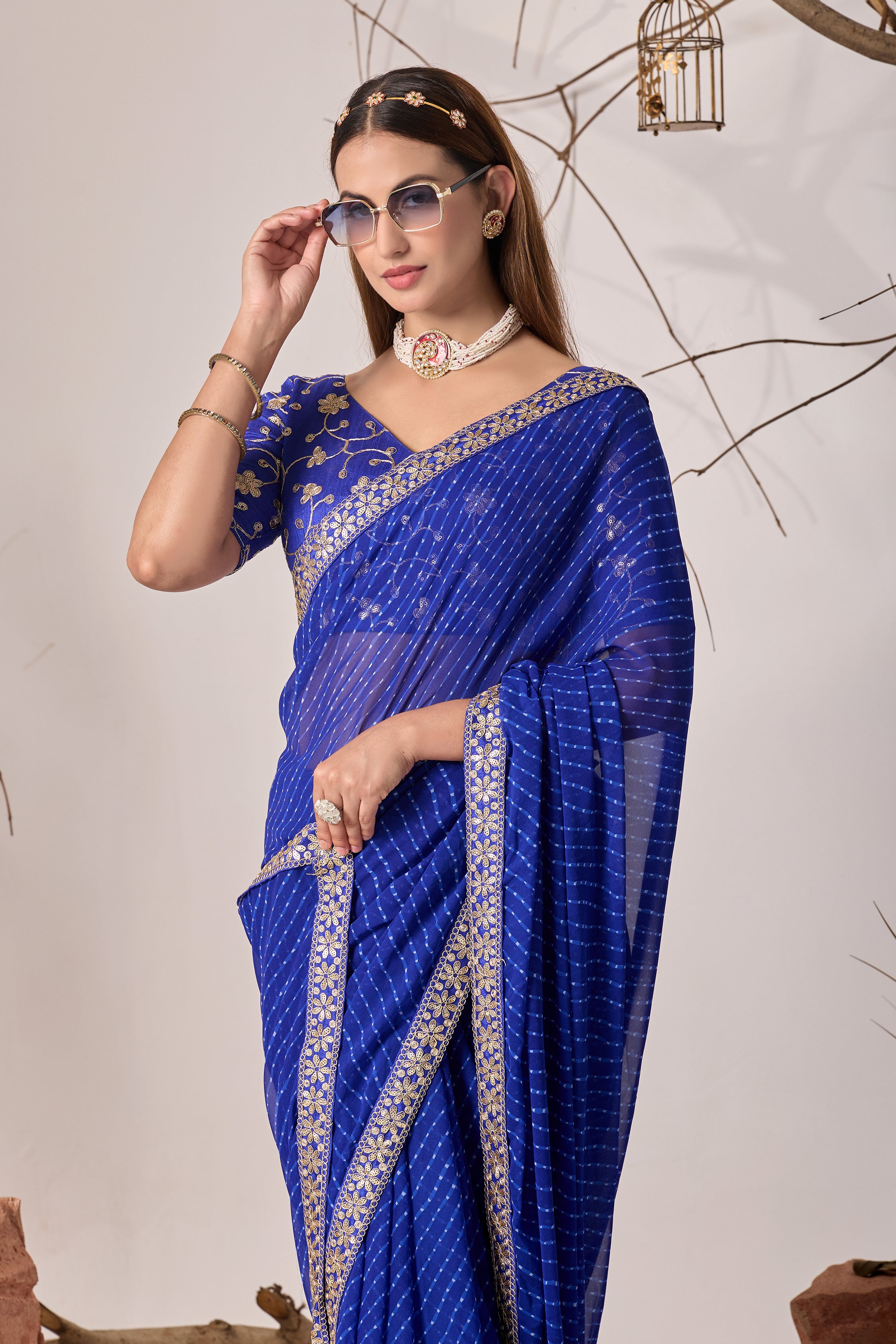 Royal Blue Georgette Saree with Embroidered Border