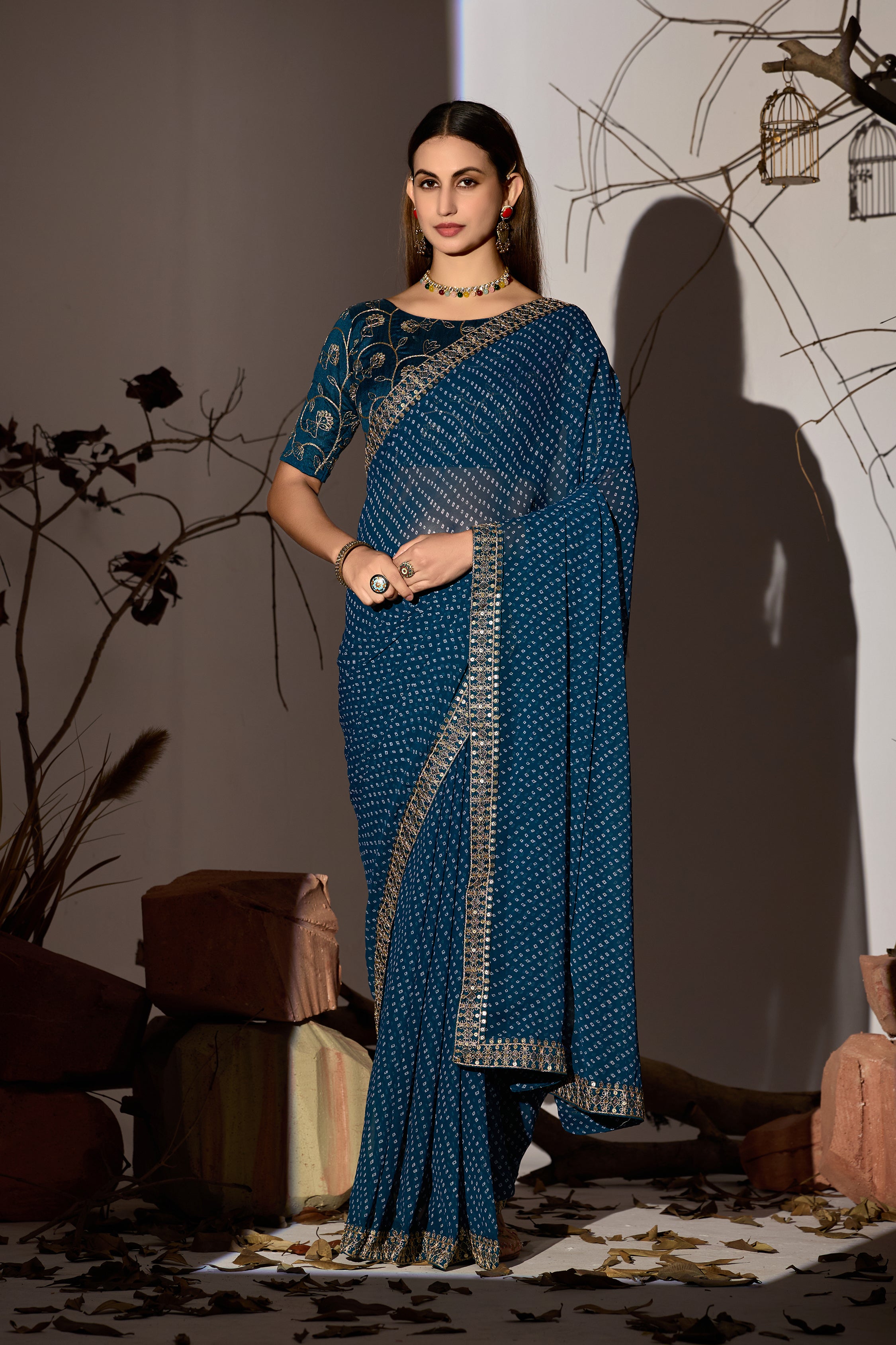 Royal Dark Sky Georgette Saree with Embroidered Border