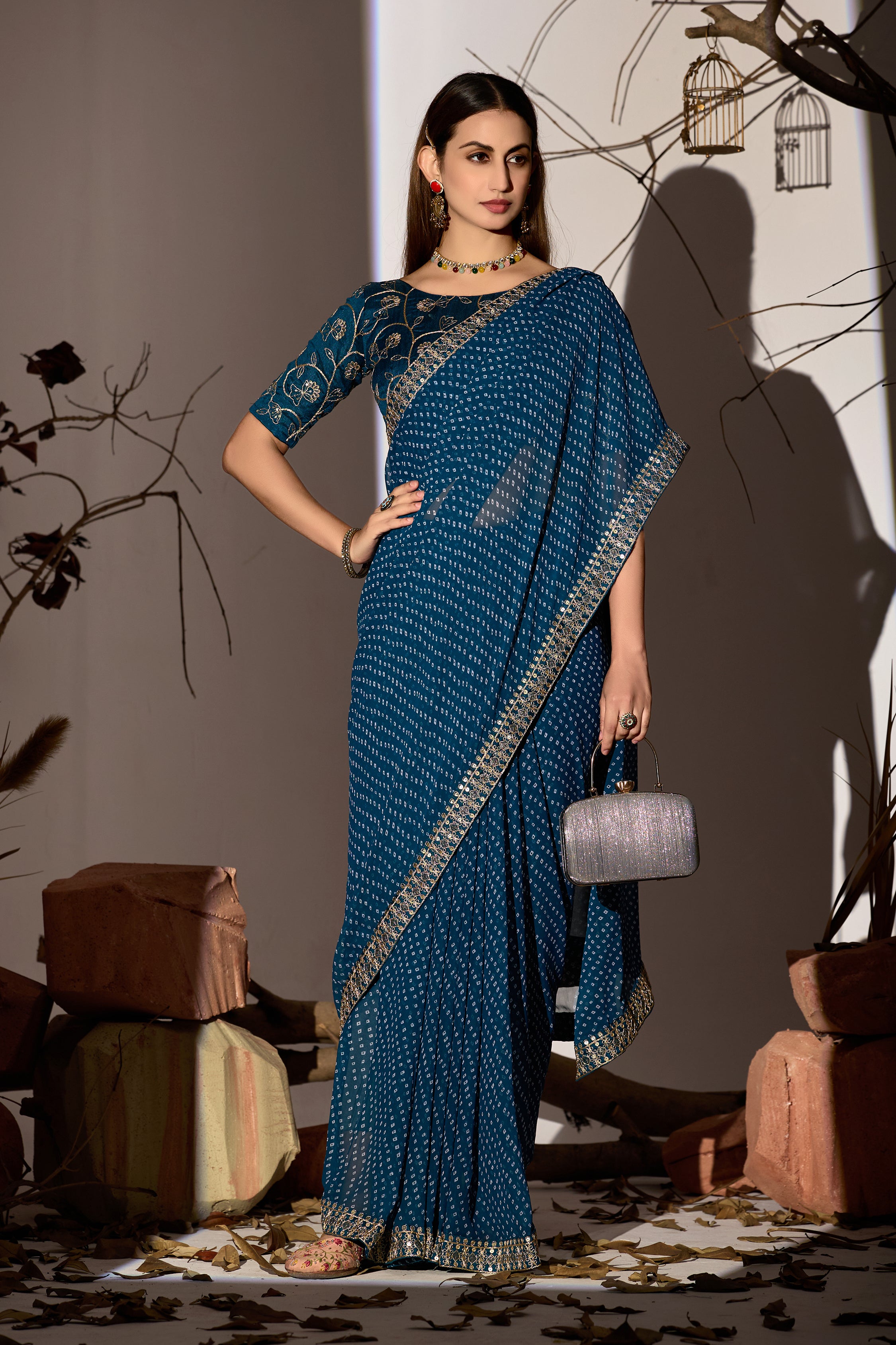 Royal Dark Sky Georgette Saree with Embroidered Border