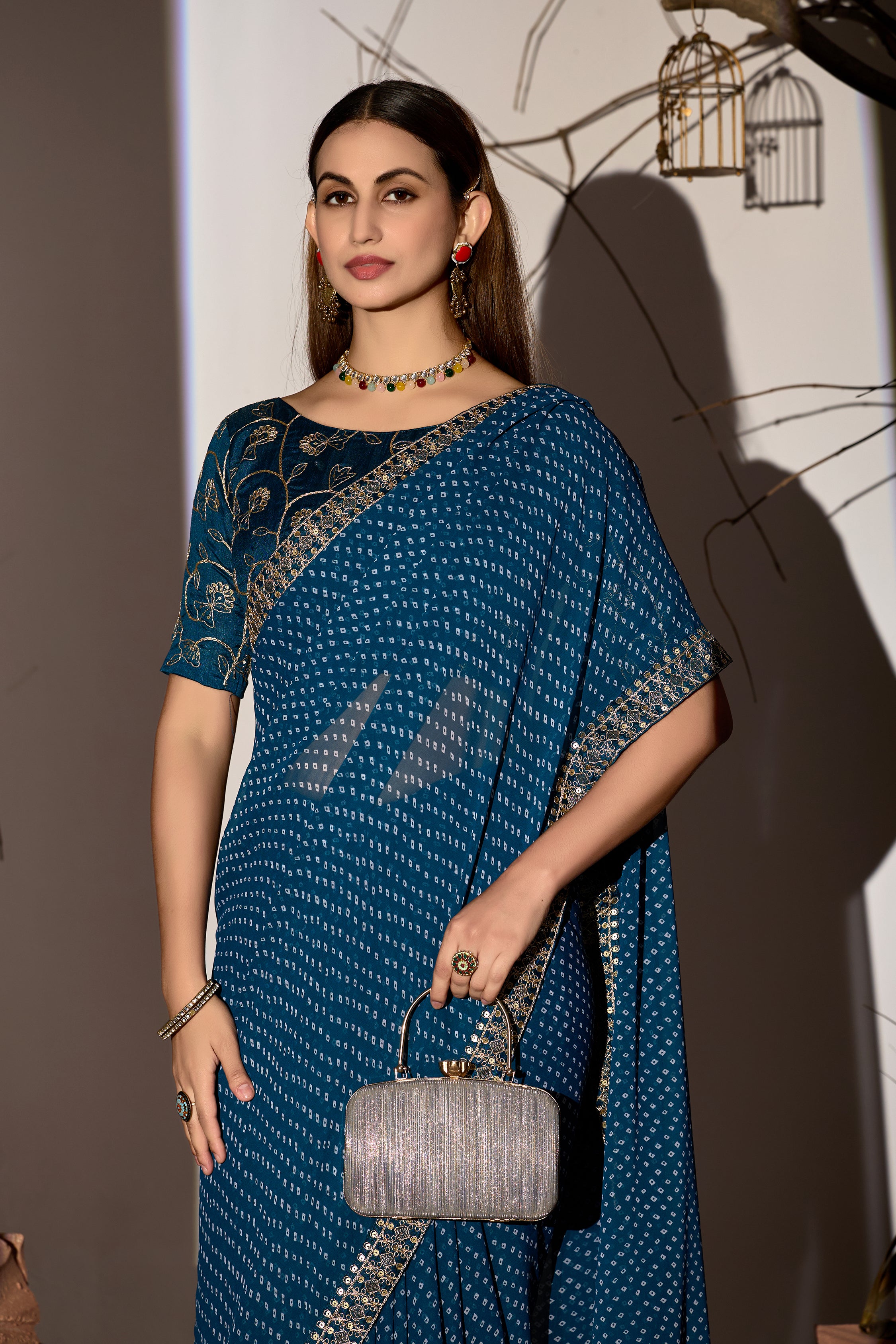 Royal Dark Sky Georgette Saree with Embroidered Border