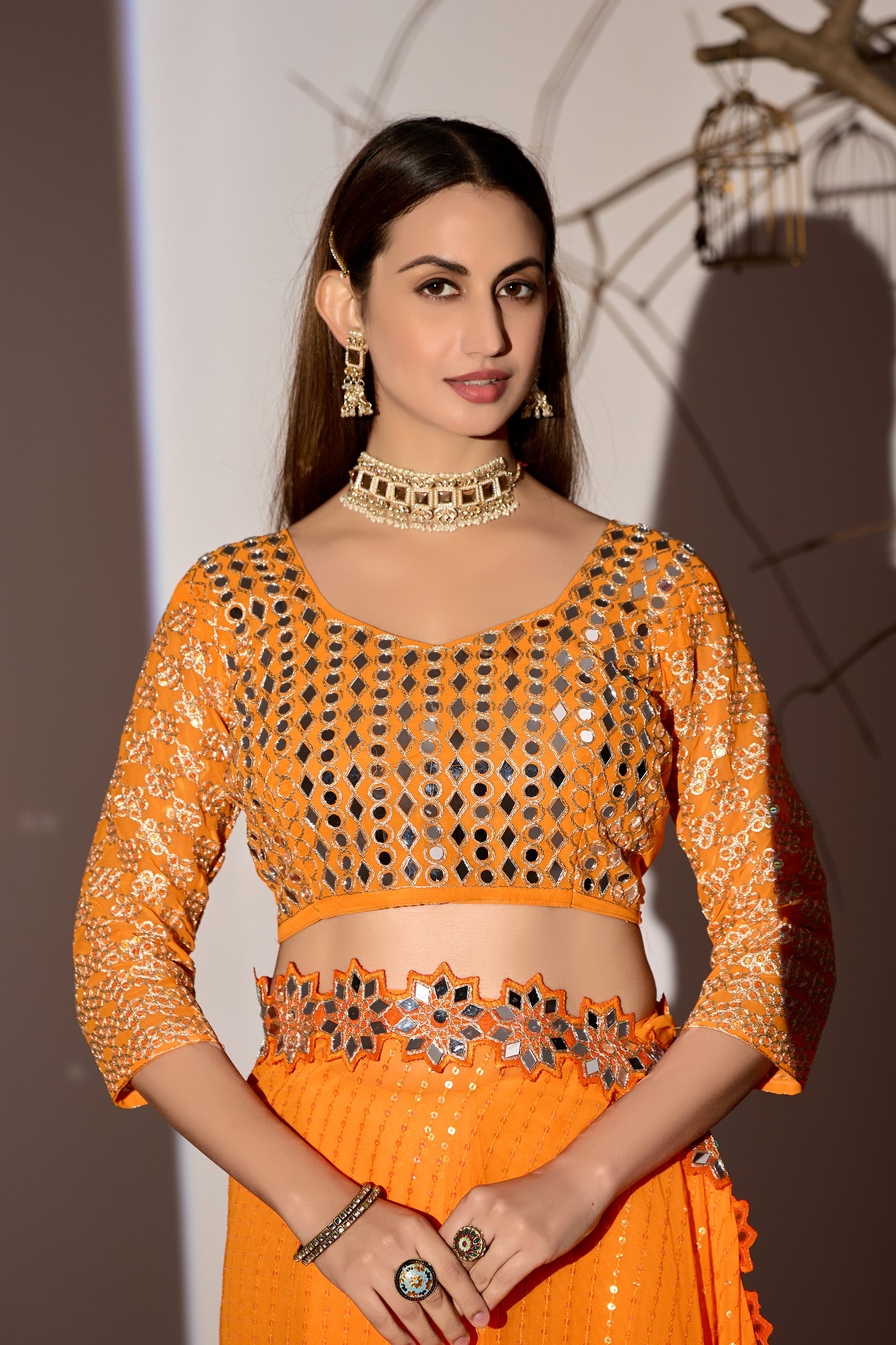 Radiant Tangerine Georgette Saree with Mirror-Work Border