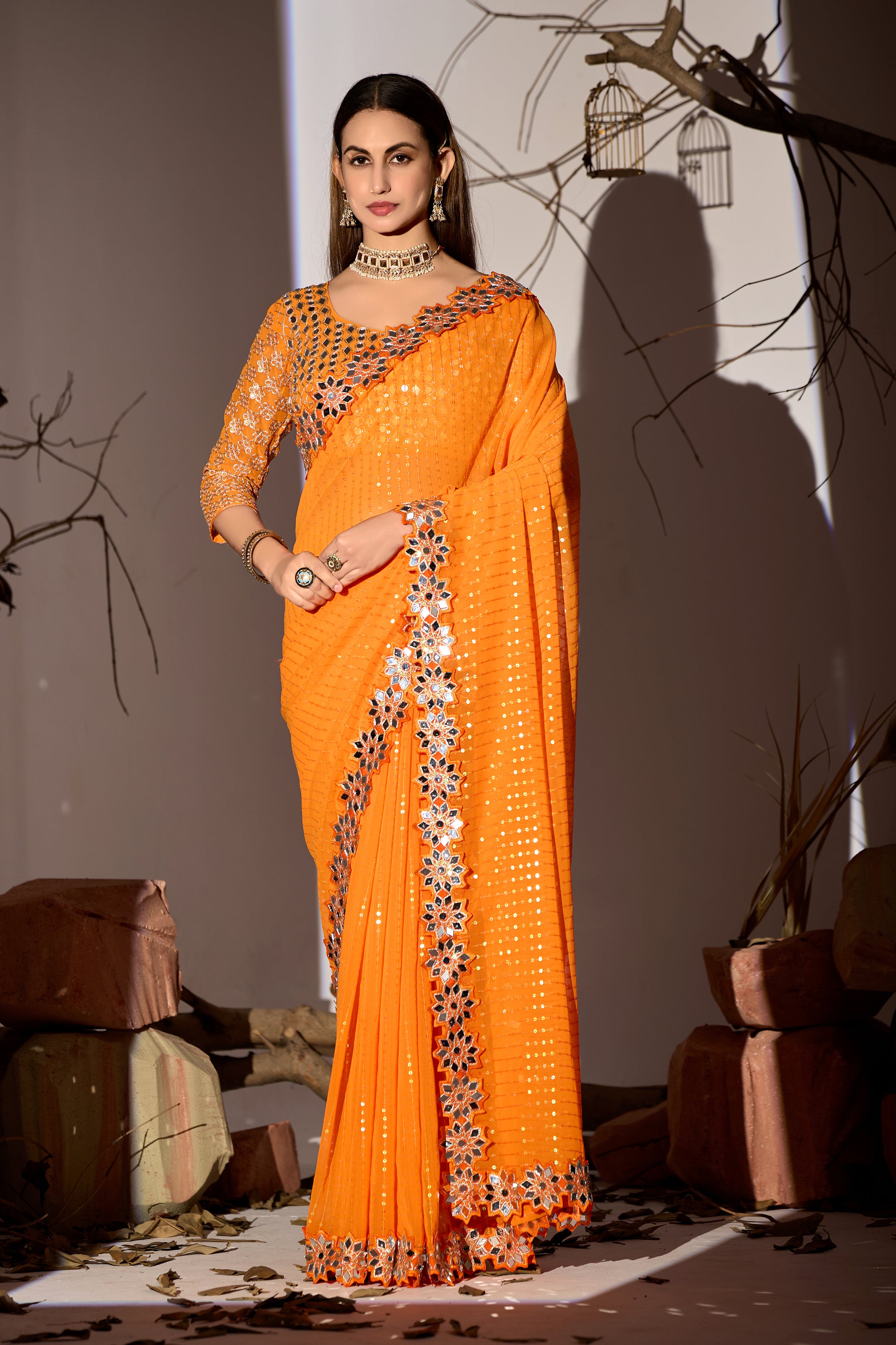 Radiant Tangerine Georgette Saree with Mirror-Work Border