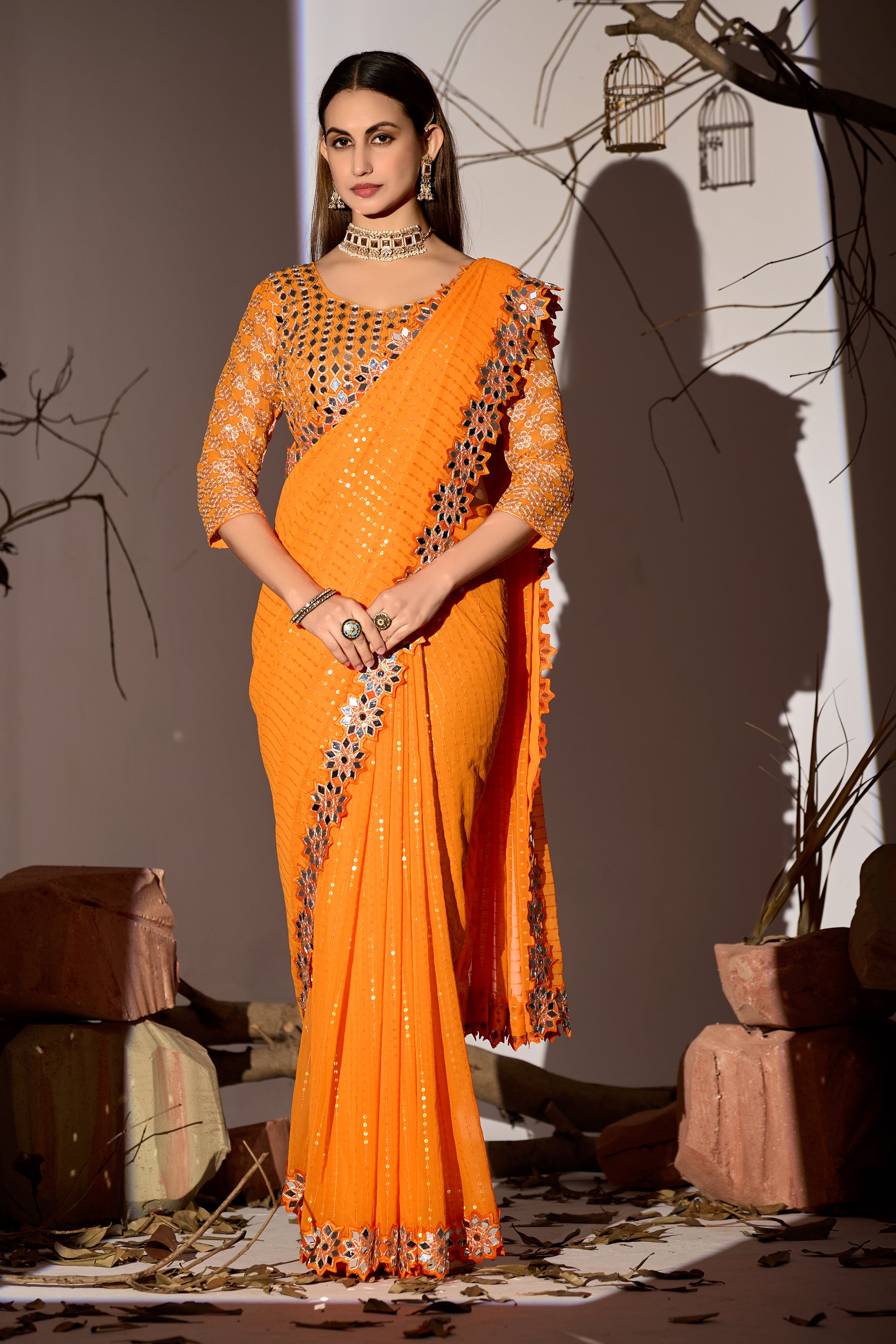 Radiant Tangerine Georgette Saree with Mirror-Work Border