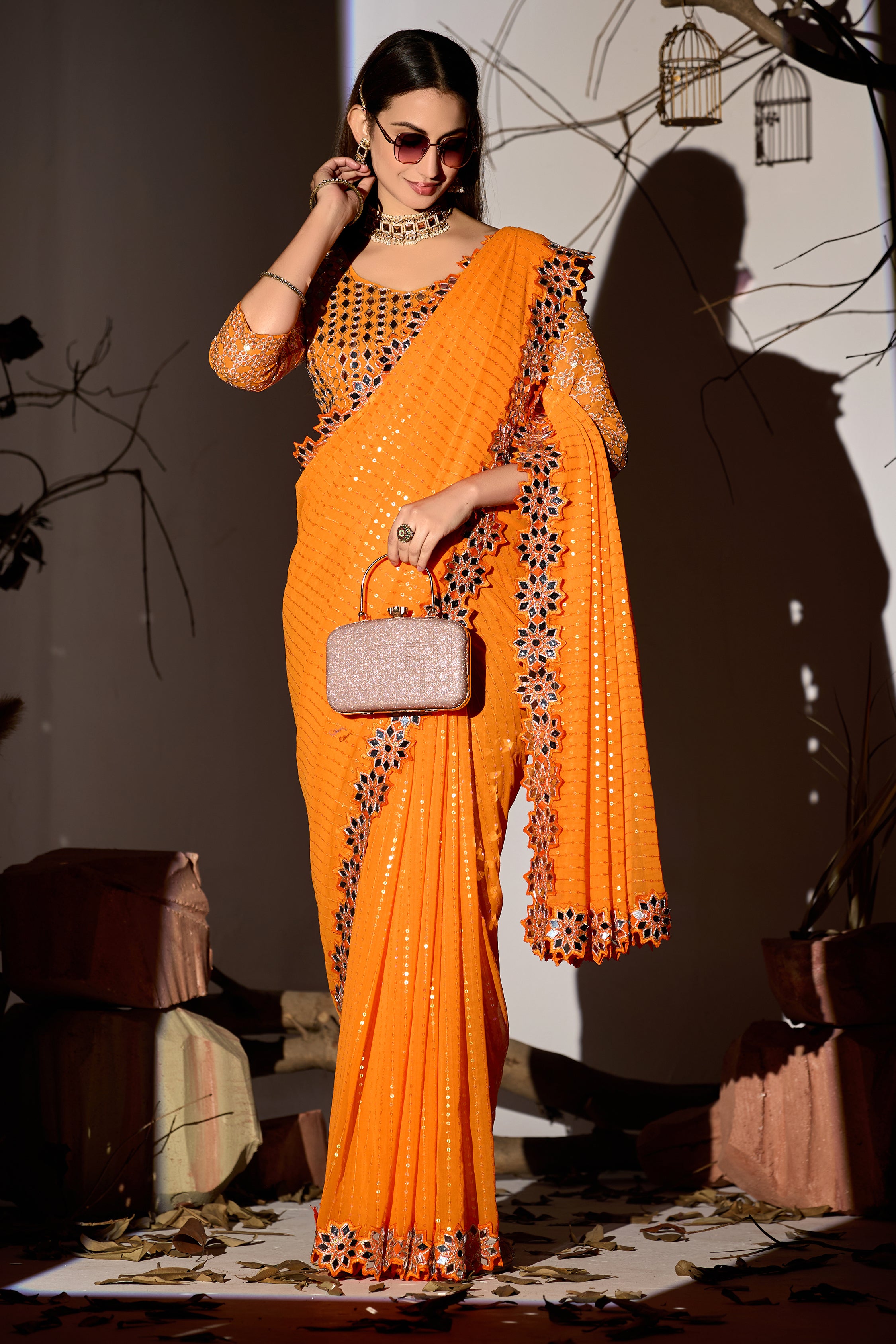 Radiant Tangerine Georgette Saree with Mirror-Work Border
