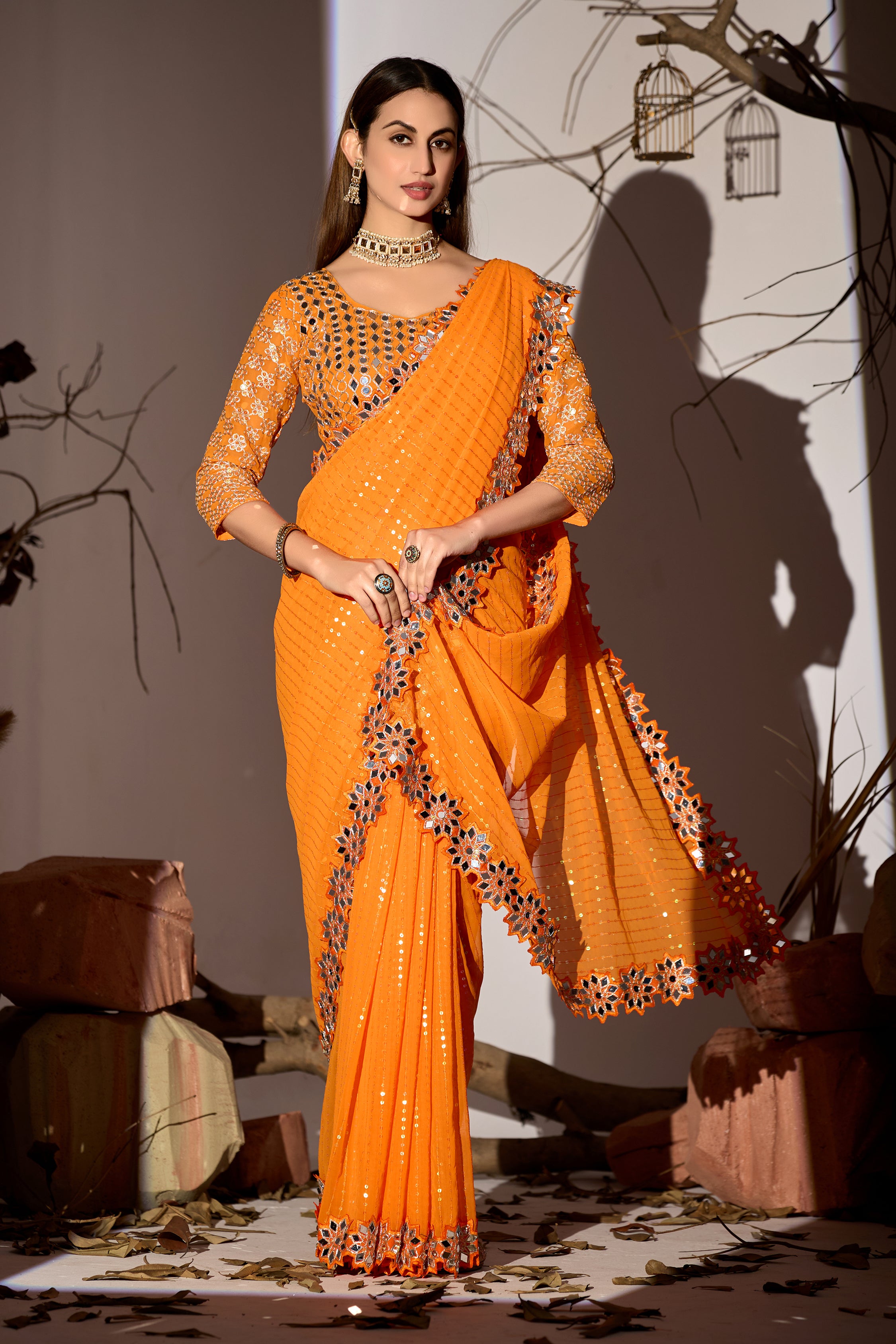 Radiant Tangerine Georgette Saree with Mirror-Work Border