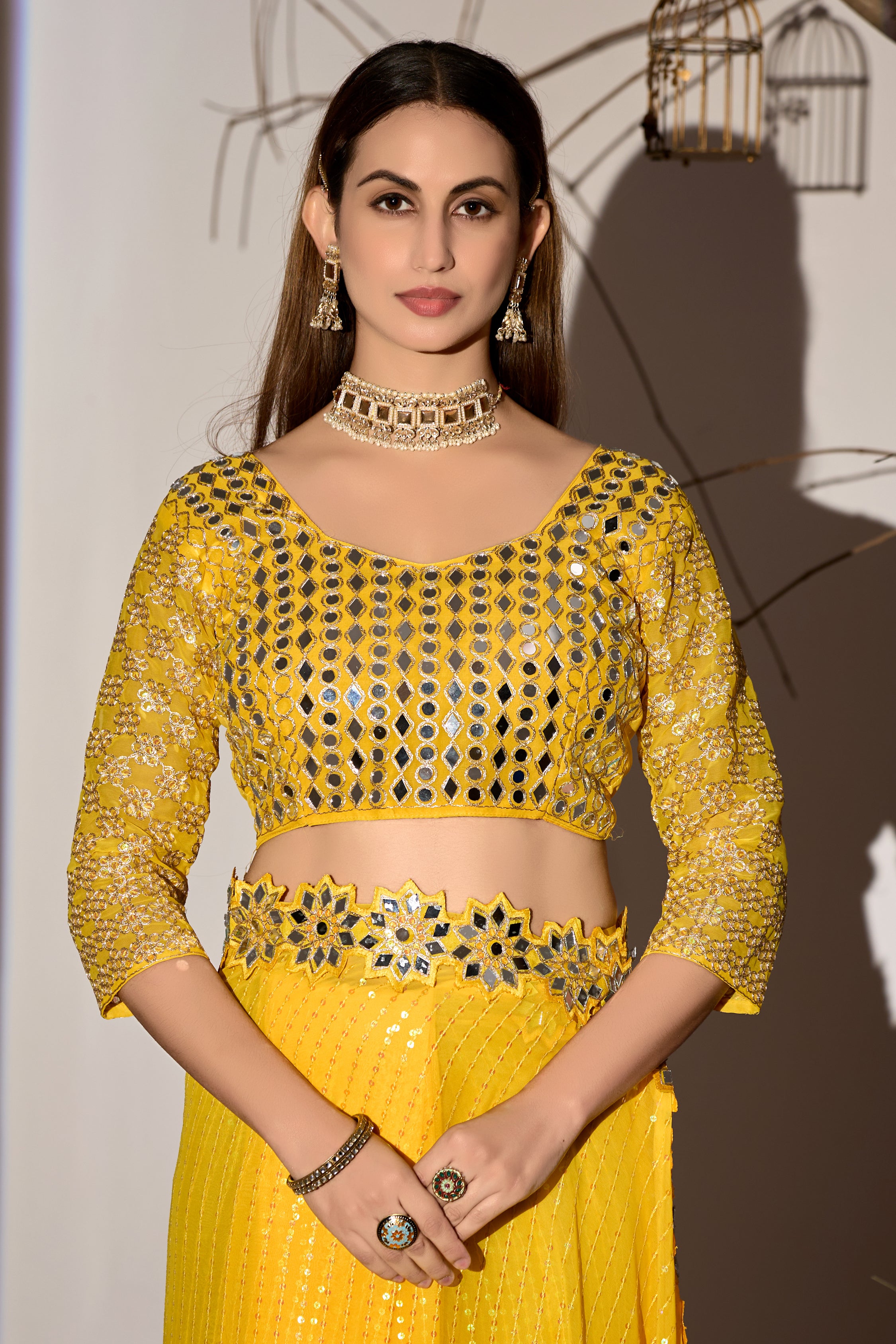 Radiant Tangerine Yellow Georgette Saree with Mirror-Work Border