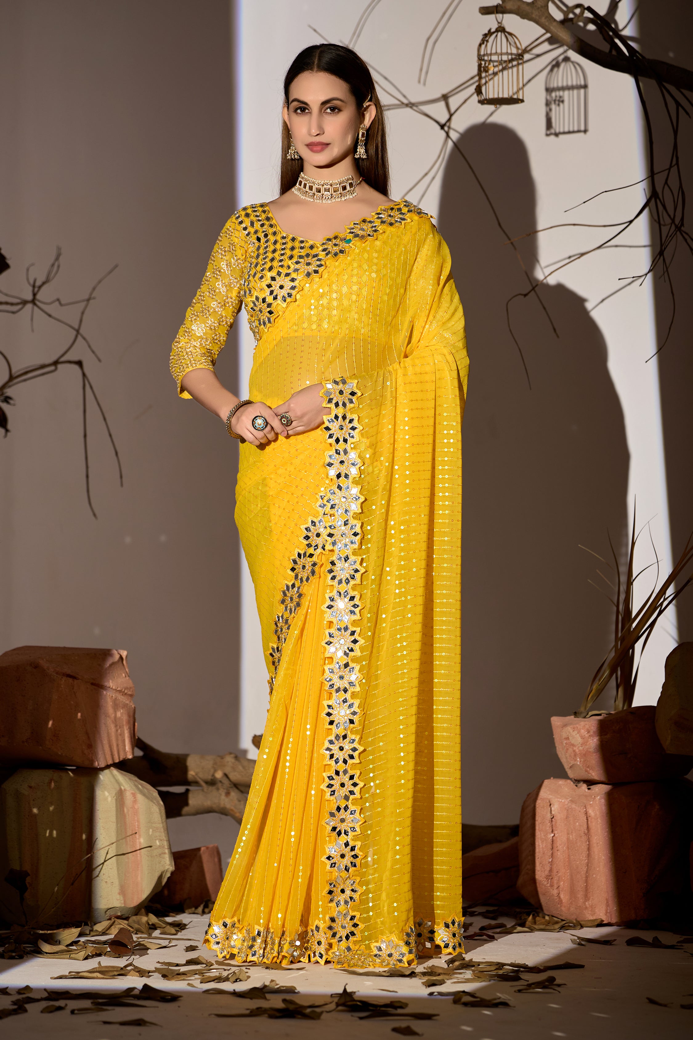 Radiant Tangerine Yellow Georgette Saree with Mirror-Work Border