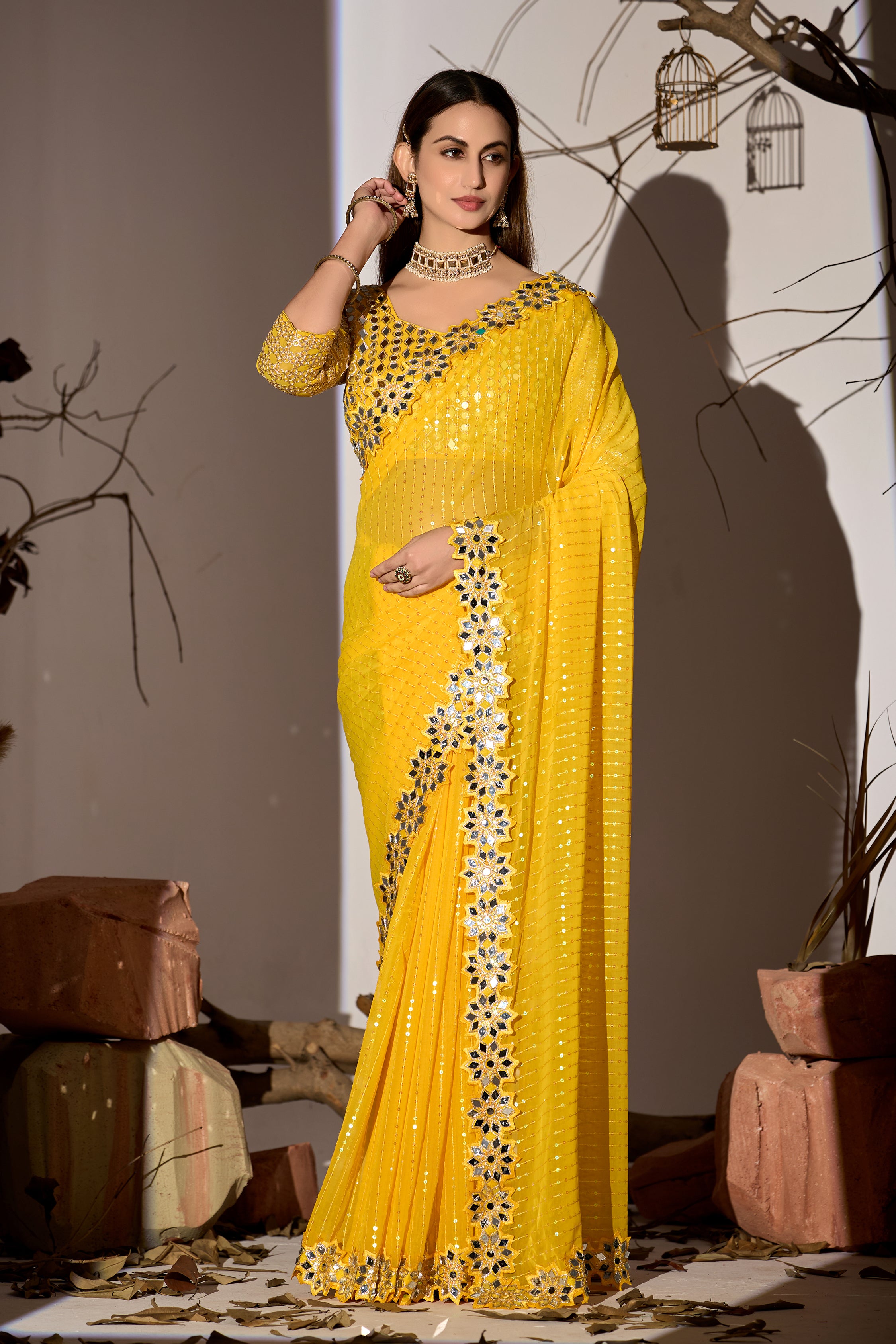Radiant Tangerine Yellow Georgette Saree with Mirror-Work Border