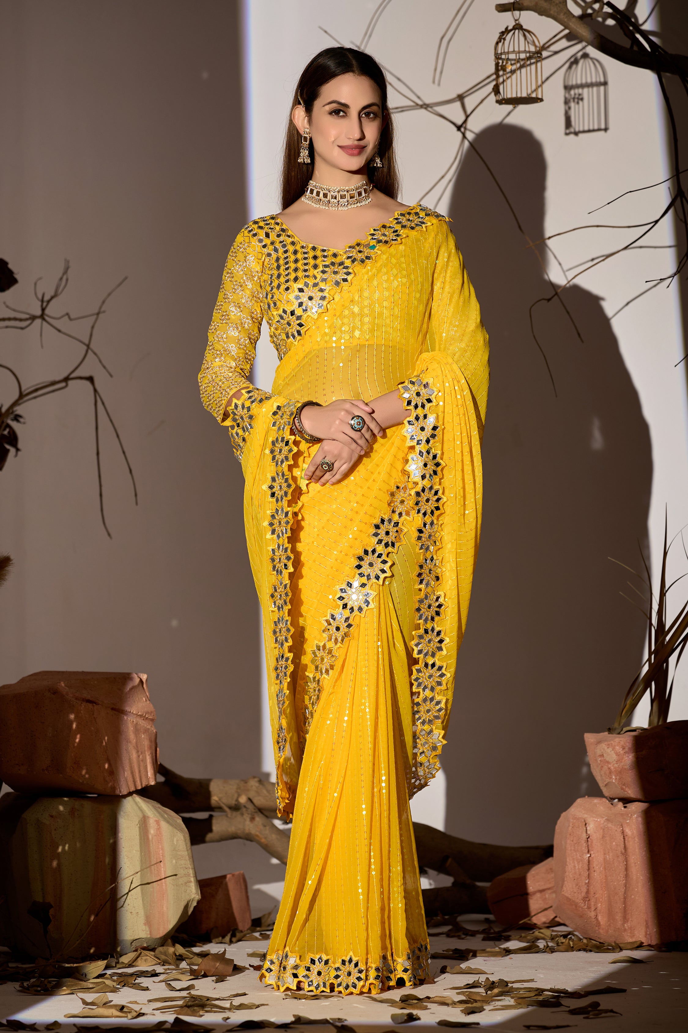 Radiant Tangerine Yellow Georgette Saree with Mirror-Work Border