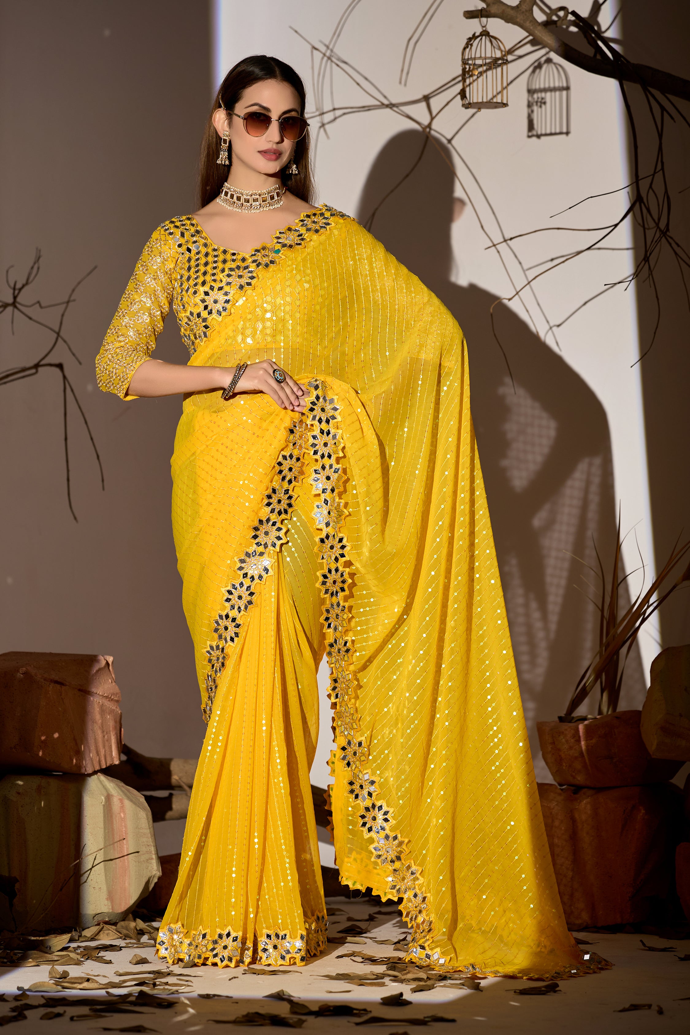 Radiant Tangerine Yellow Georgette Saree with Mirror-Work Border