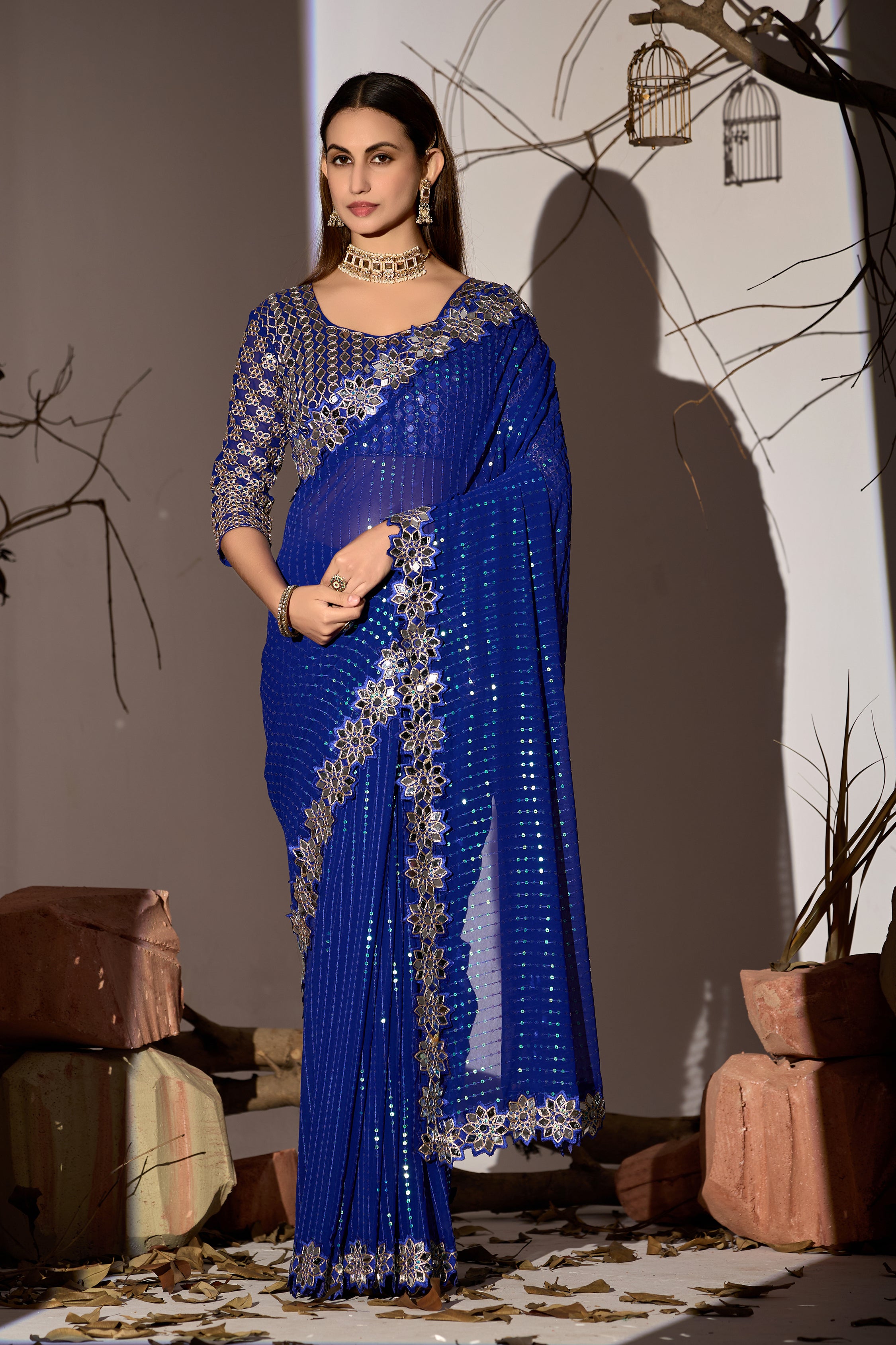 Radiant Tangerine Blue Georgette Saree with Mirror-Work Border