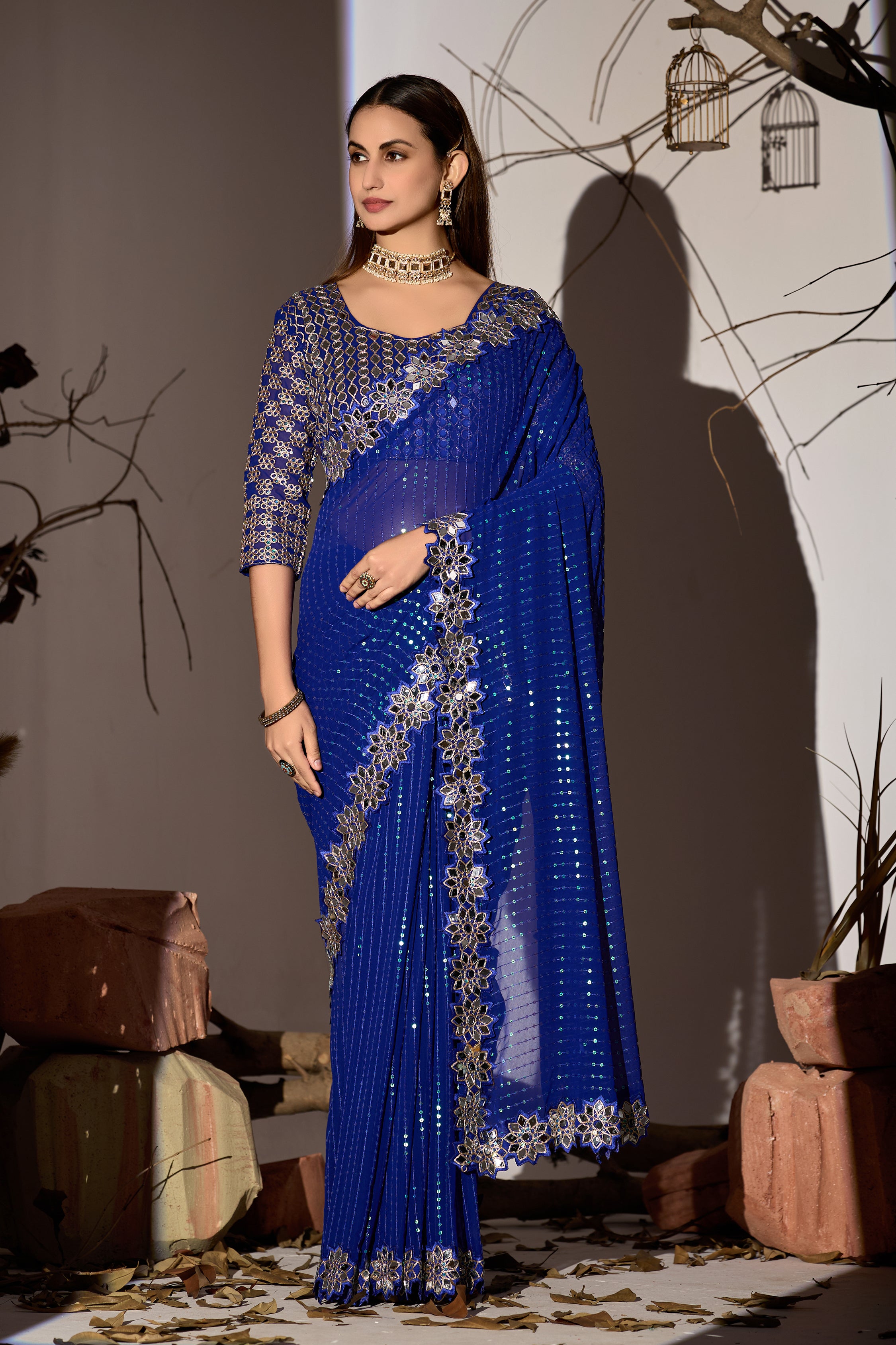 Radiant Tangerine Blue Georgette Saree with Mirror-Work Border