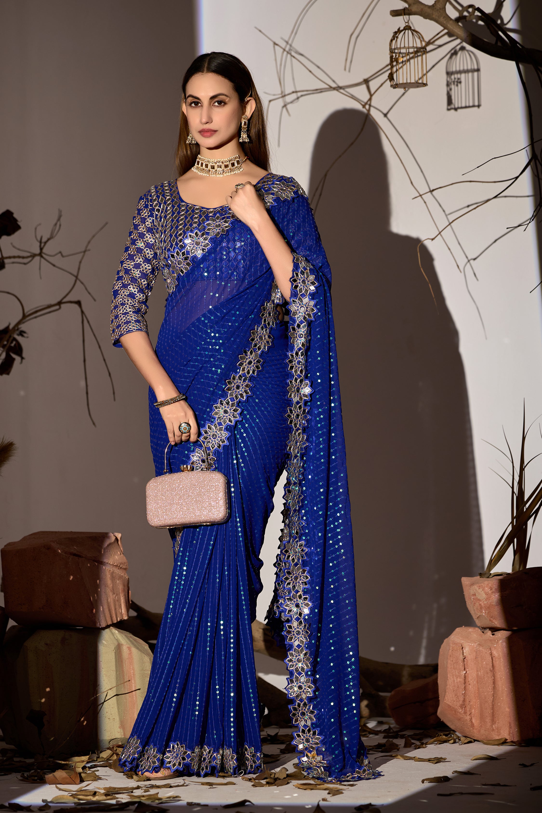 Radiant Tangerine Blue Georgette Saree with Mirror-Work Border