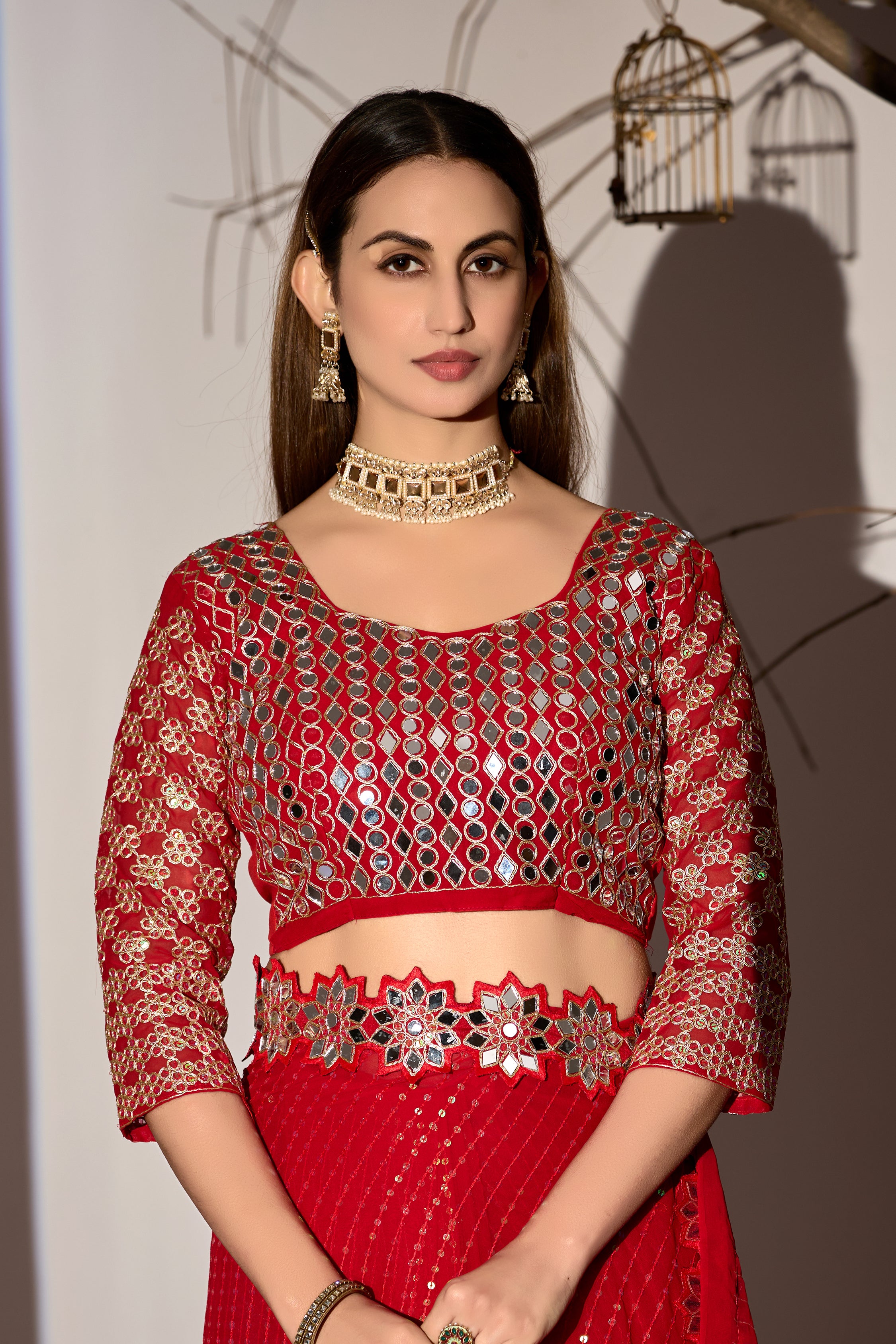 Radiant Tangerine Red Georgette Saree with Mirror-Work Border