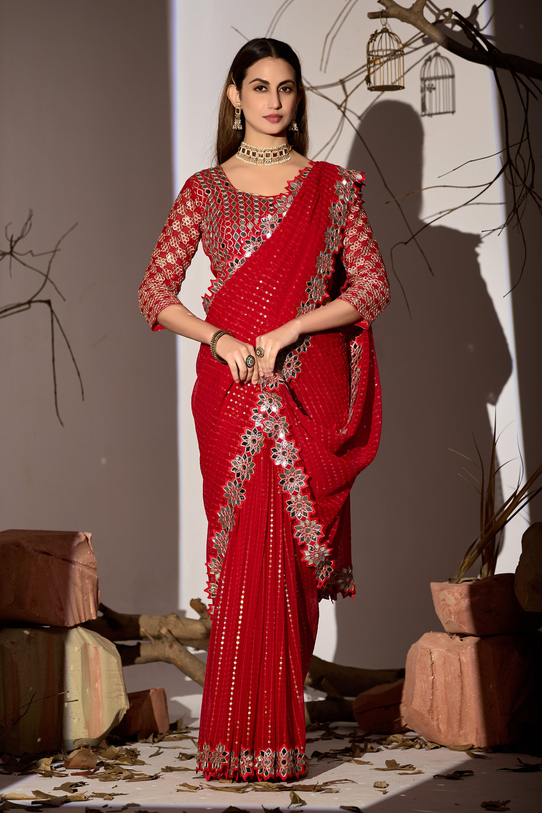 Radiant Tangerine Red Georgette Saree with Mirror-Work Border