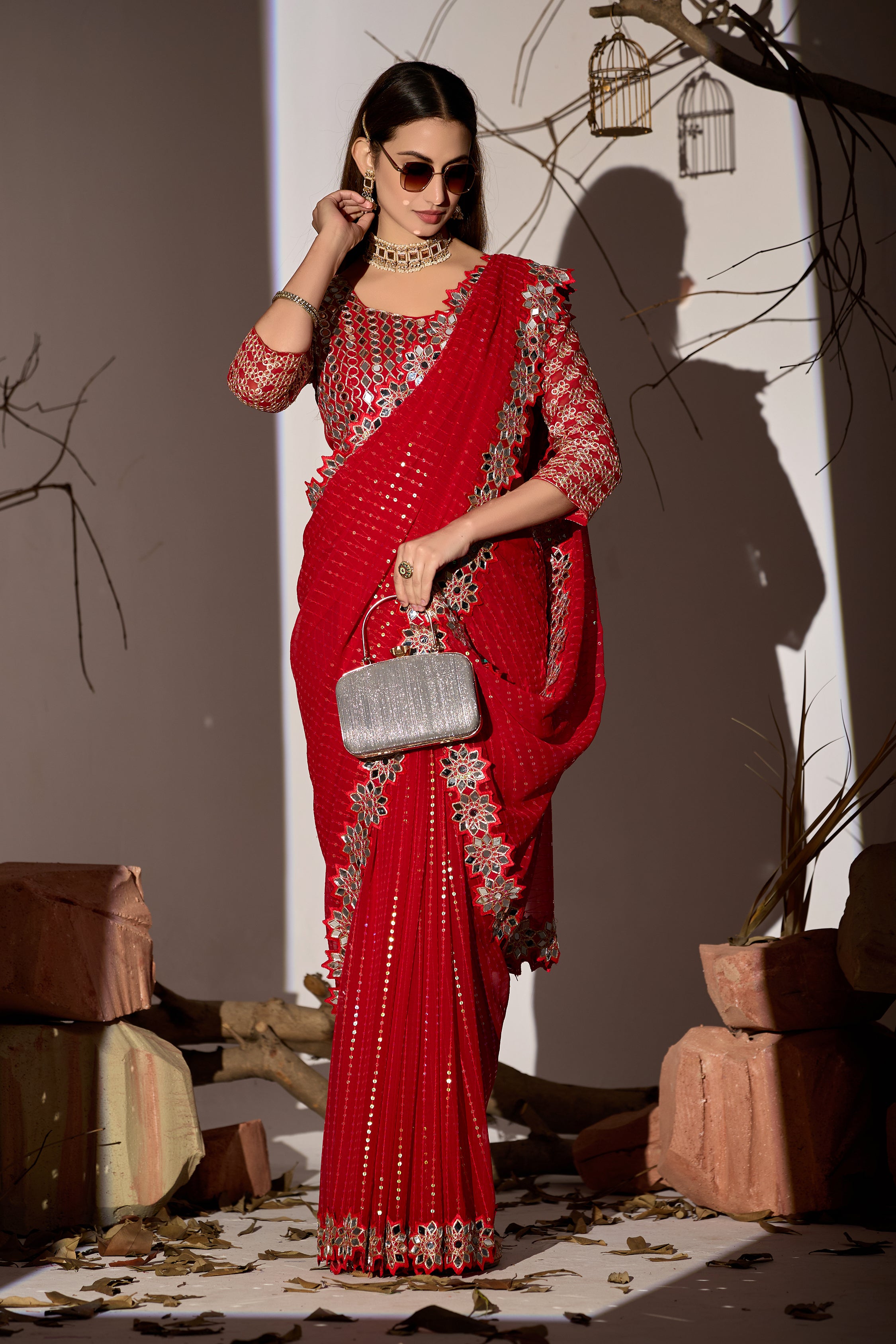 Radiant Tangerine Red Georgette Saree with Mirror-Work Border
