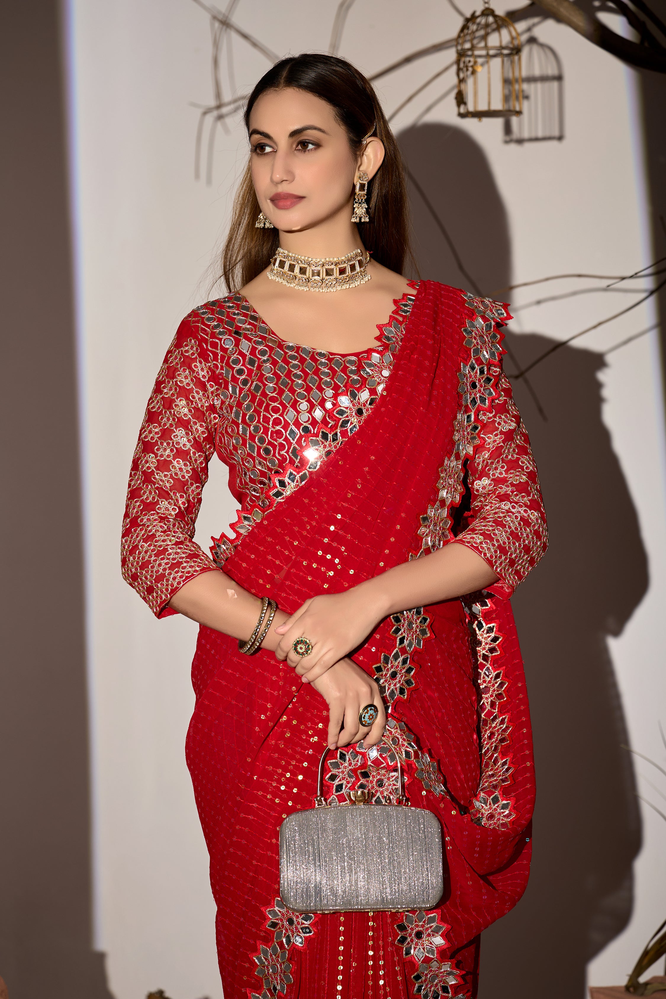 Radiant Tangerine Red Georgette Saree with Mirror-Work Border