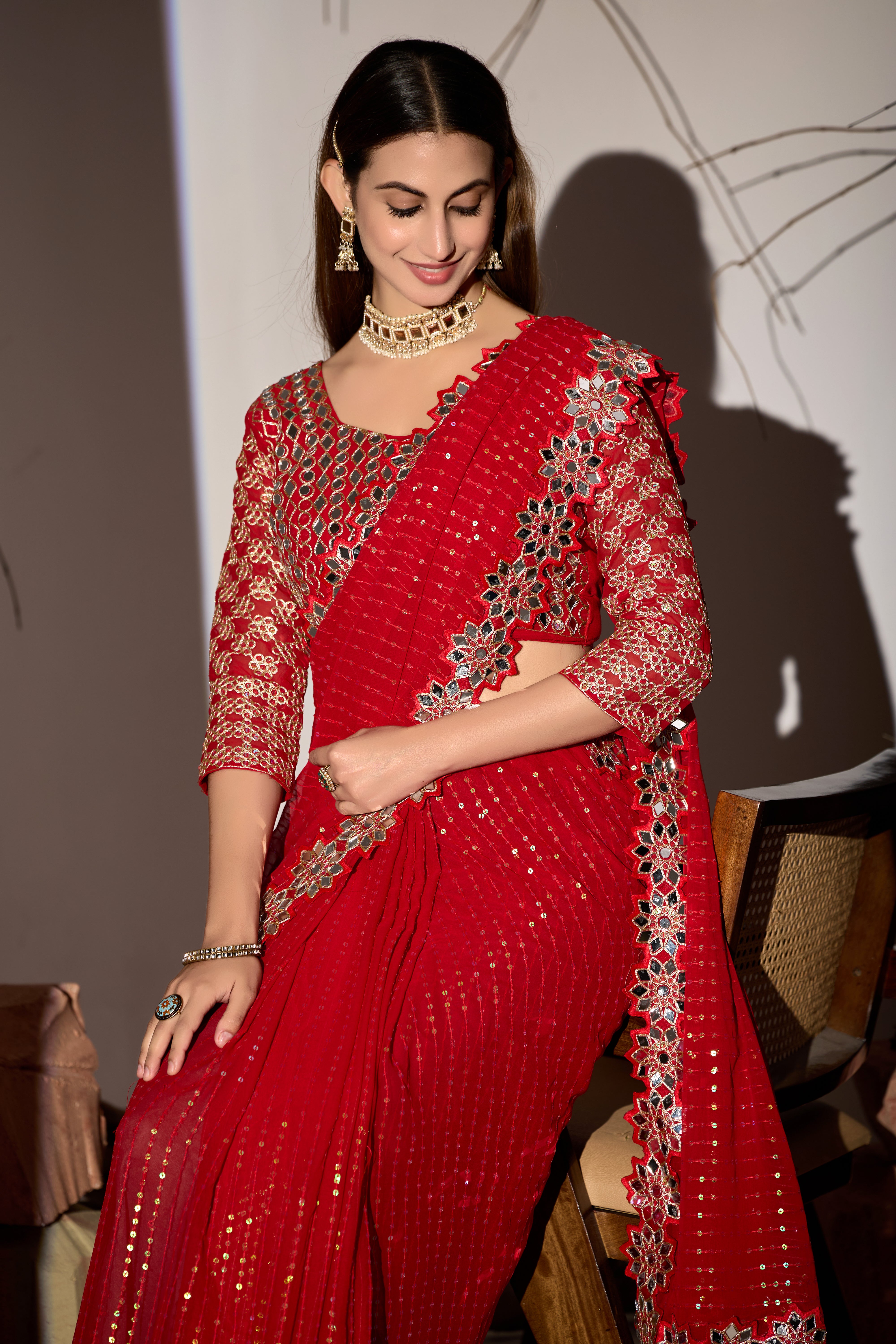 Radiant Tangerine Red Georgette Saree with Mirror-Work Border