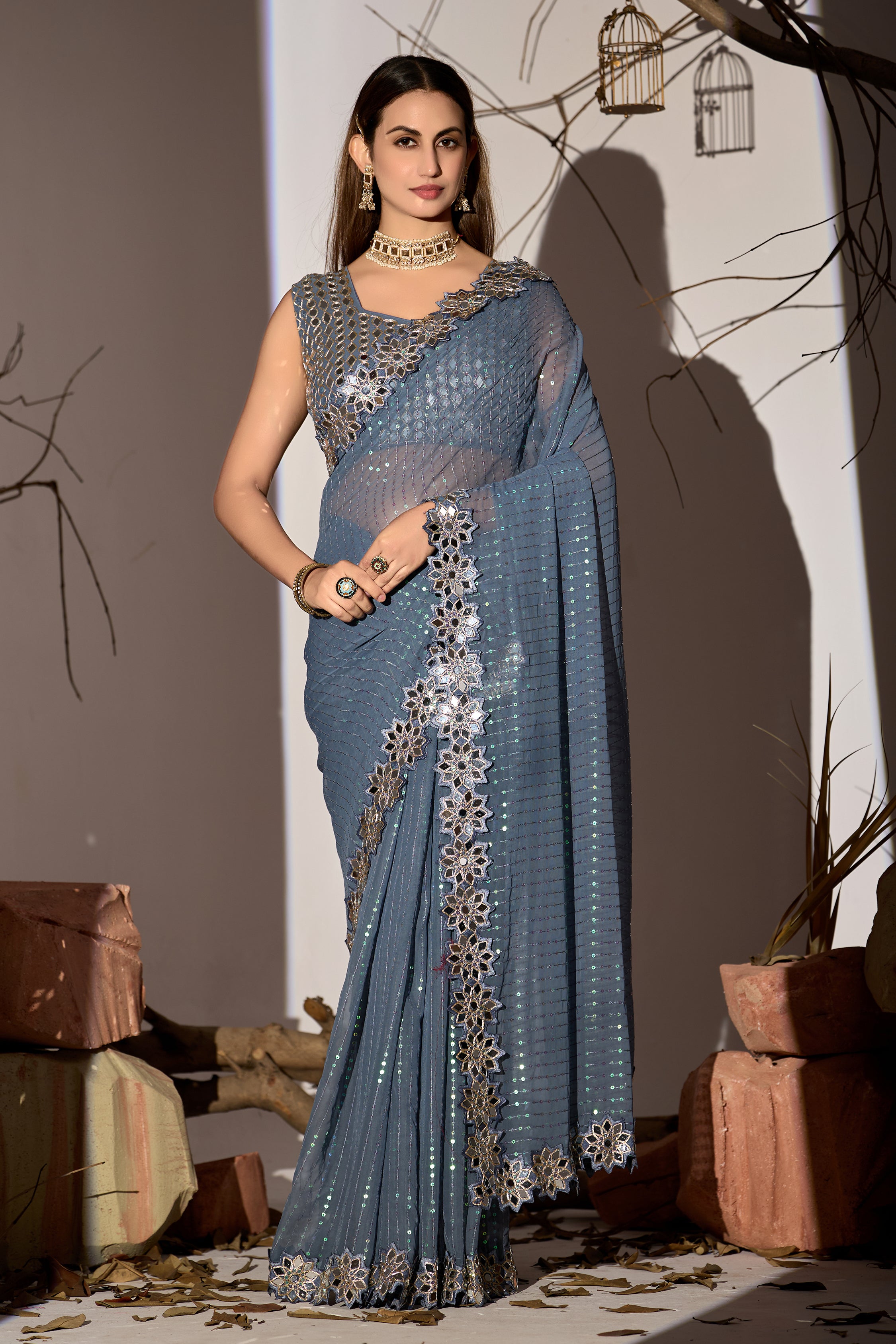 Radiant Tangerine Grey Georgette Saree with Mirror-Work Border
