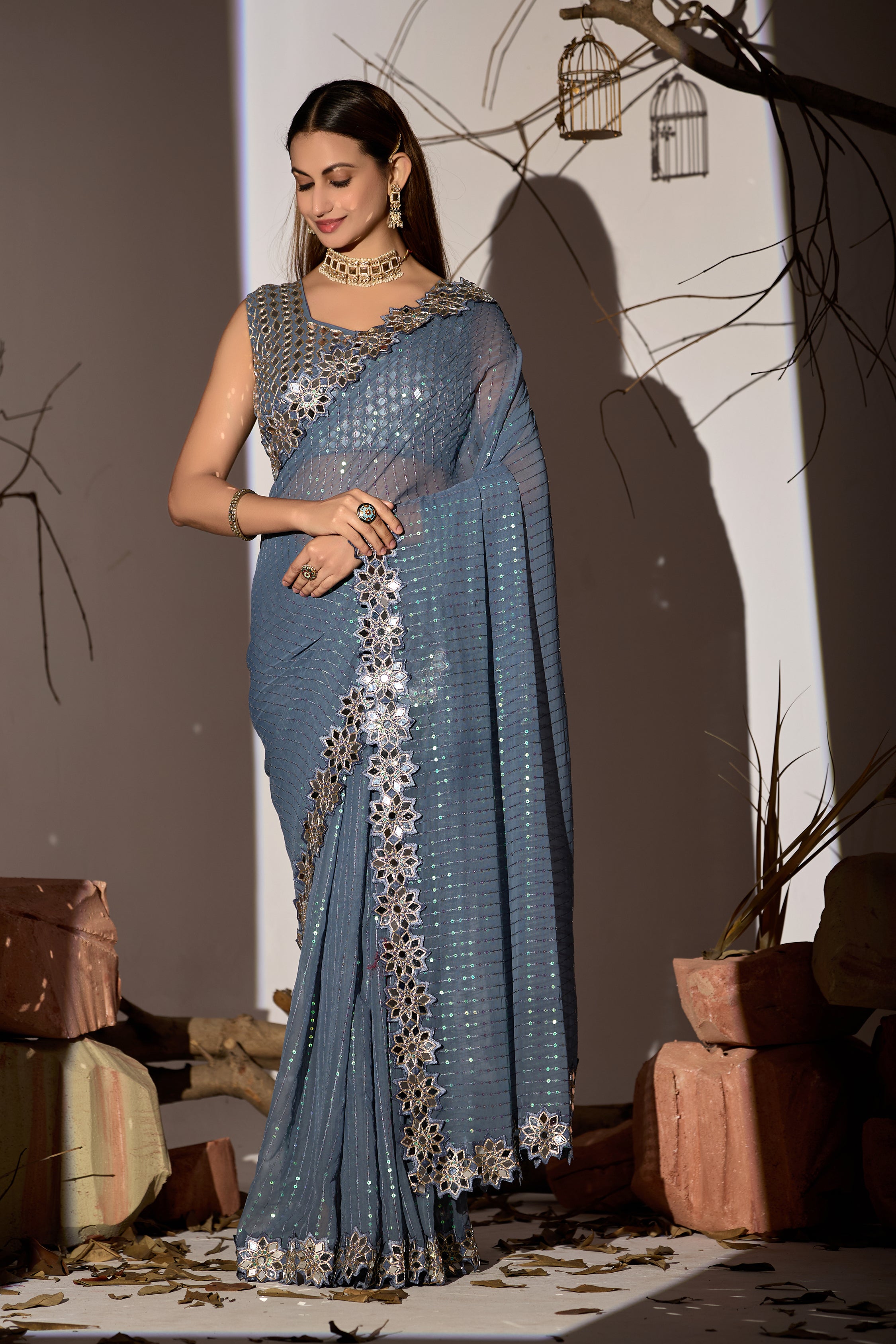 Radiant Tangerine Grey Georgette Saree with Mirror-Work Border