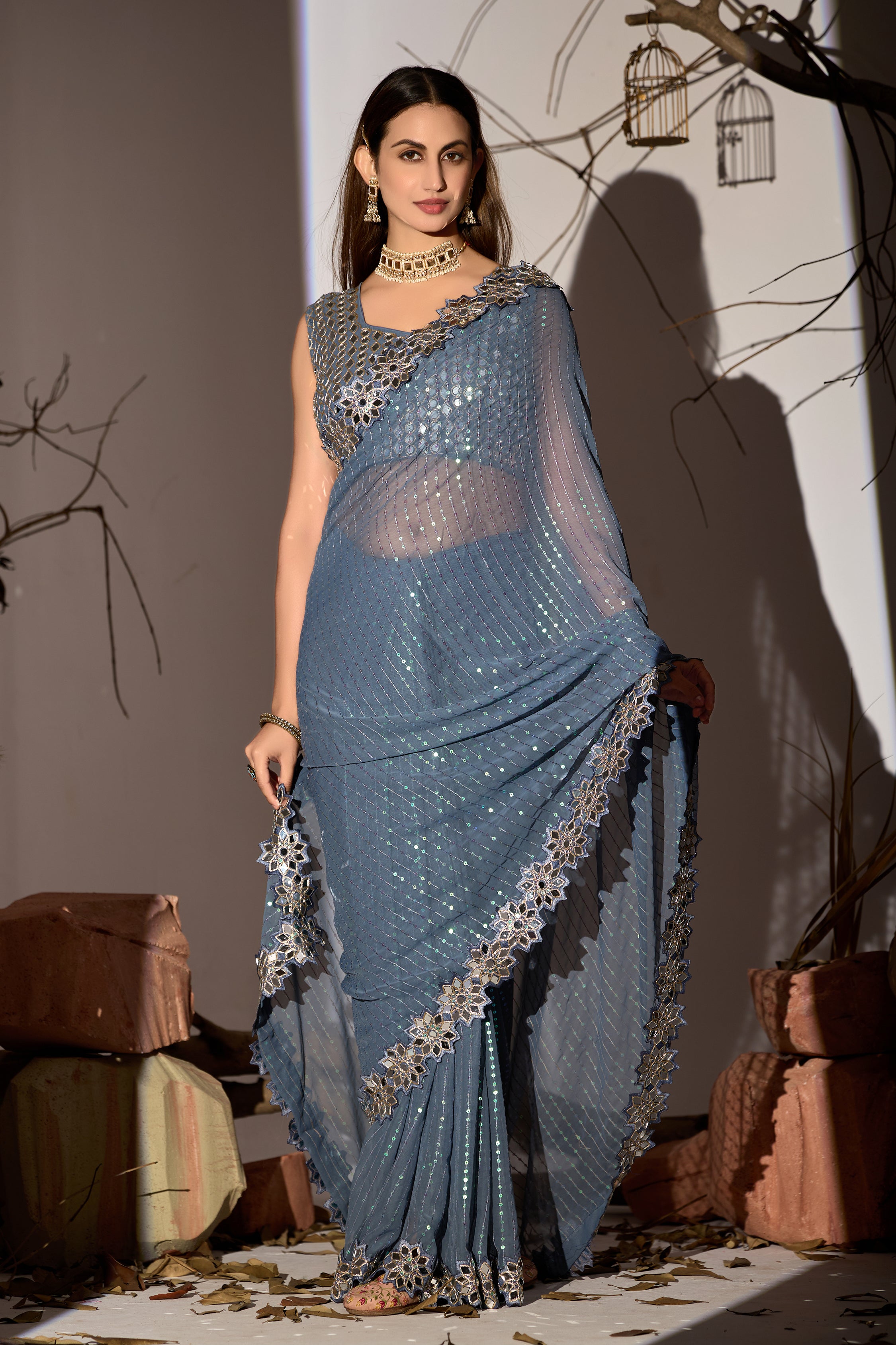 Radiant Tangerine Grey Georgette Saree with Mirror-Work Border