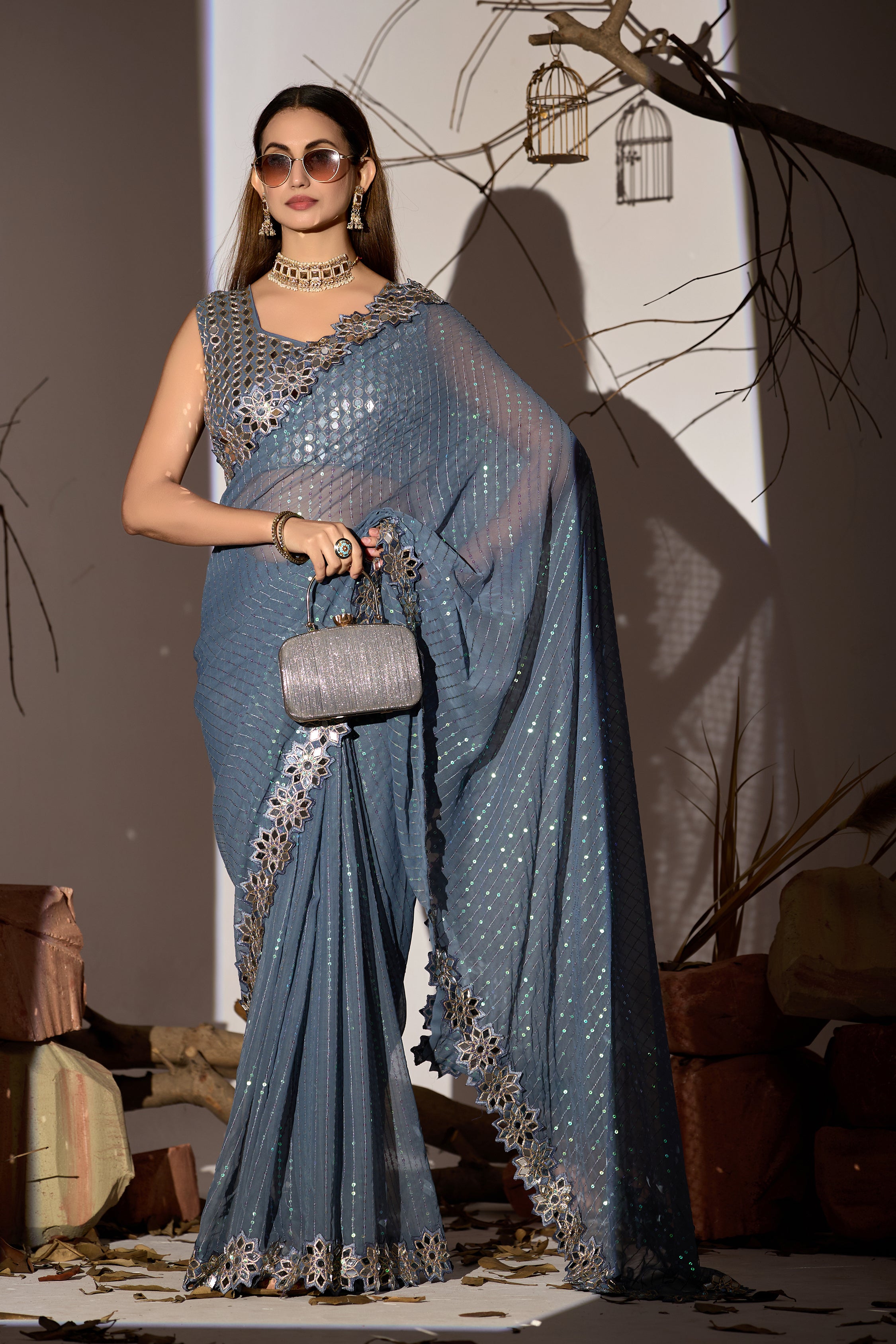 Radiant Tangerine Grey Georgette Saree with Mirror-Work Border
