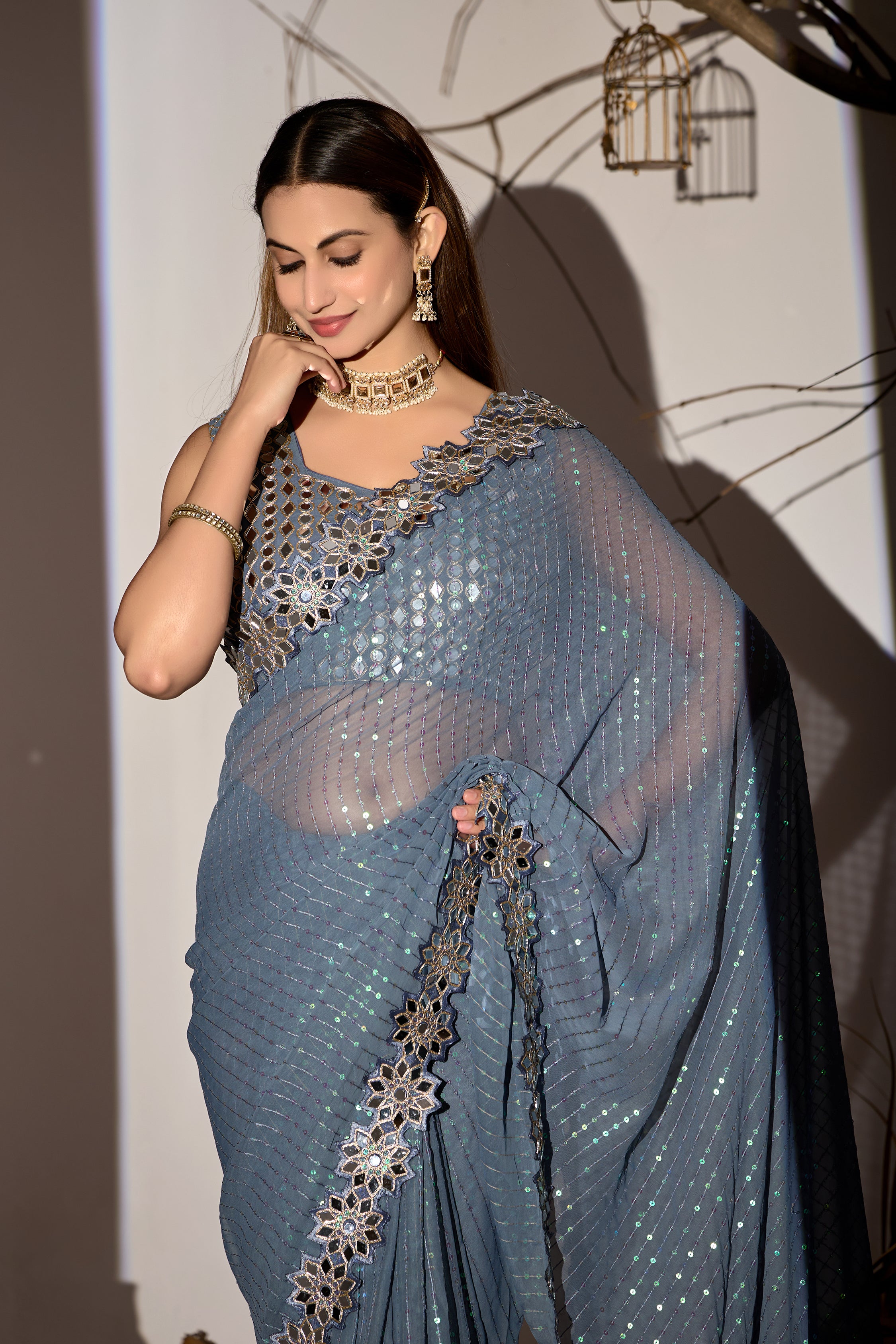 Radiant Tangerine Grey Georgette Saree with Mirror-Work Border