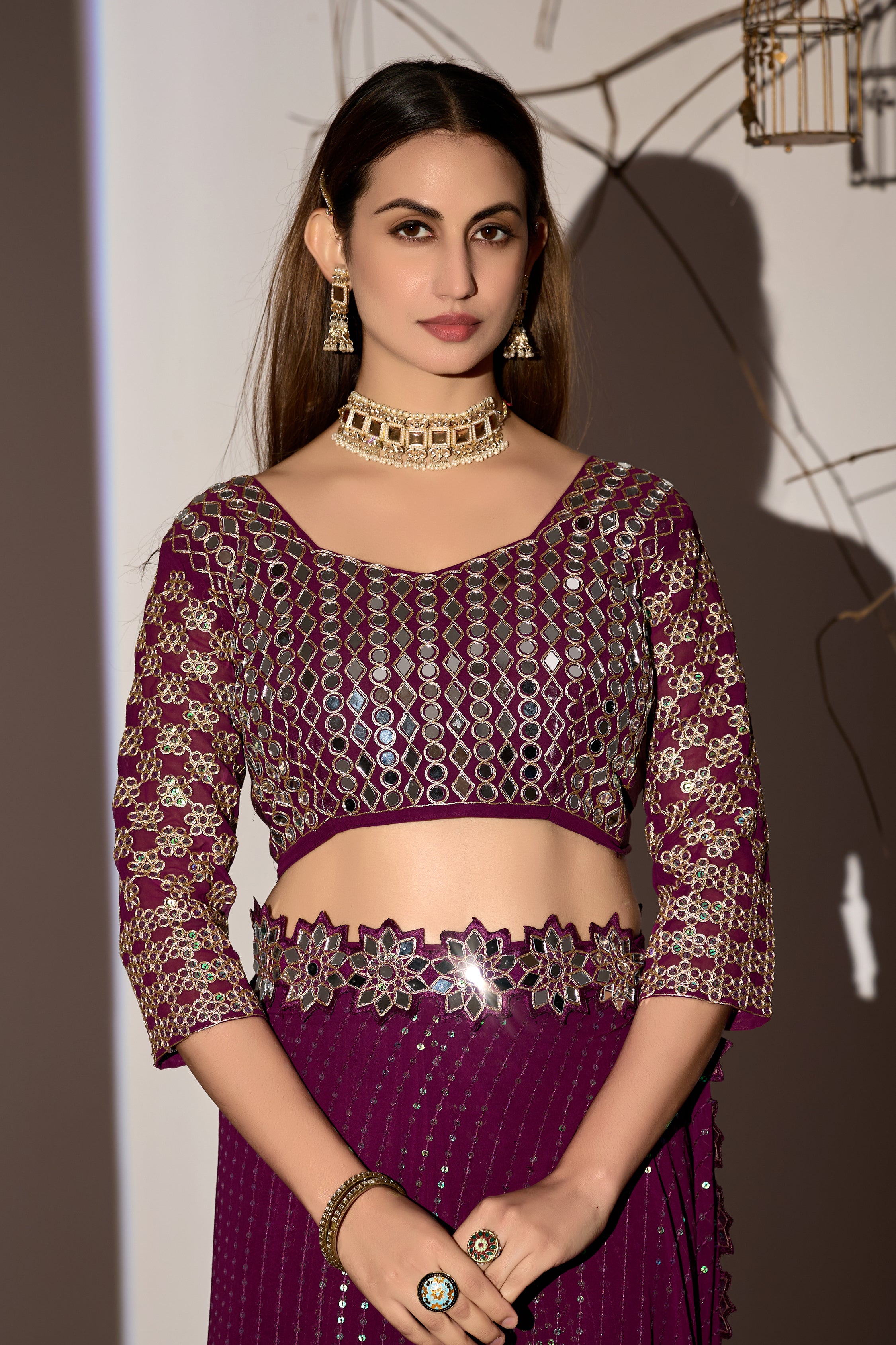 Radiant Tangerine Bit Georgette Saree with Mirror-Work Border