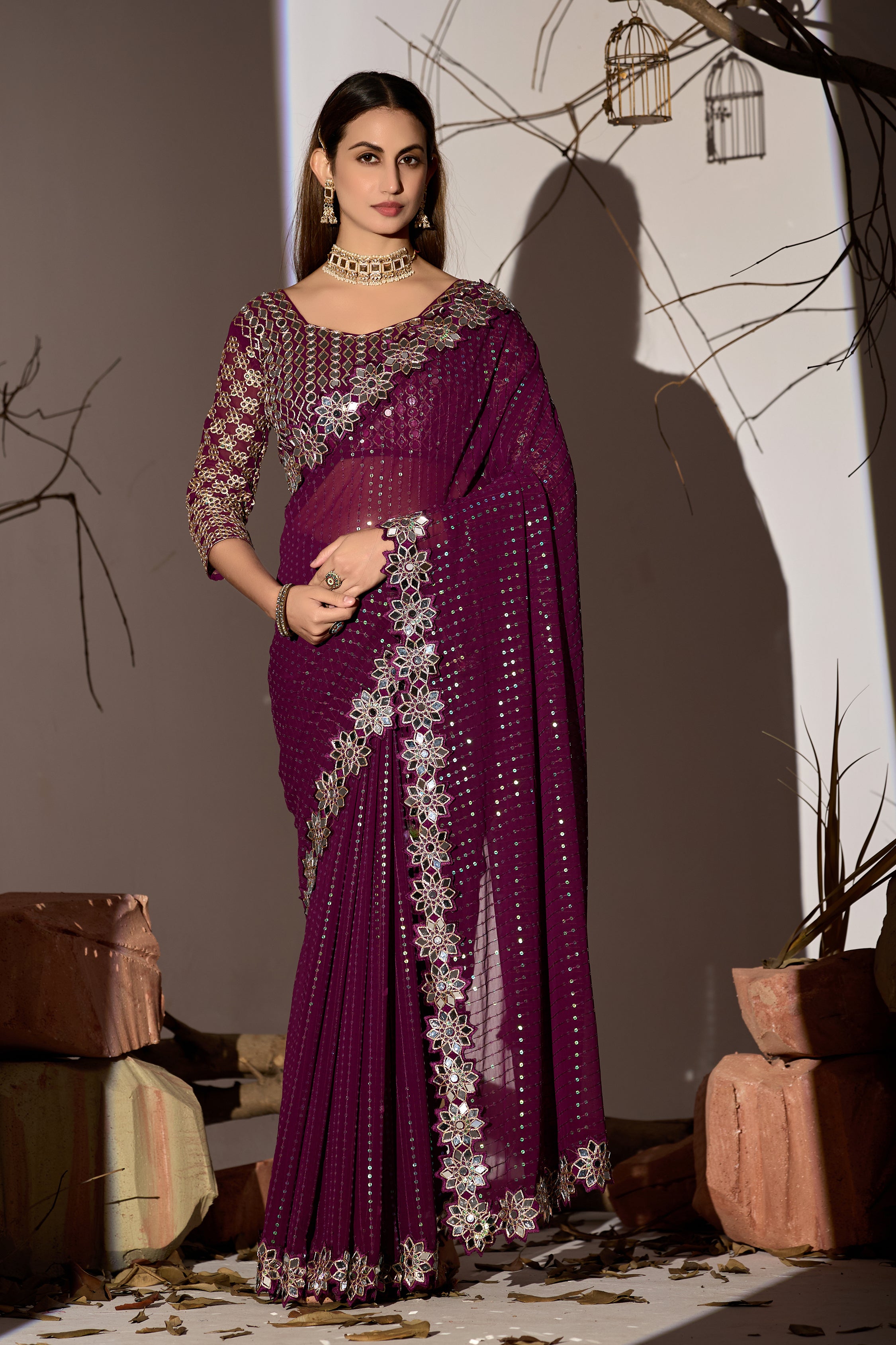 Radiant Tangerine Bit Georgette Saree with Mirror-Work Border