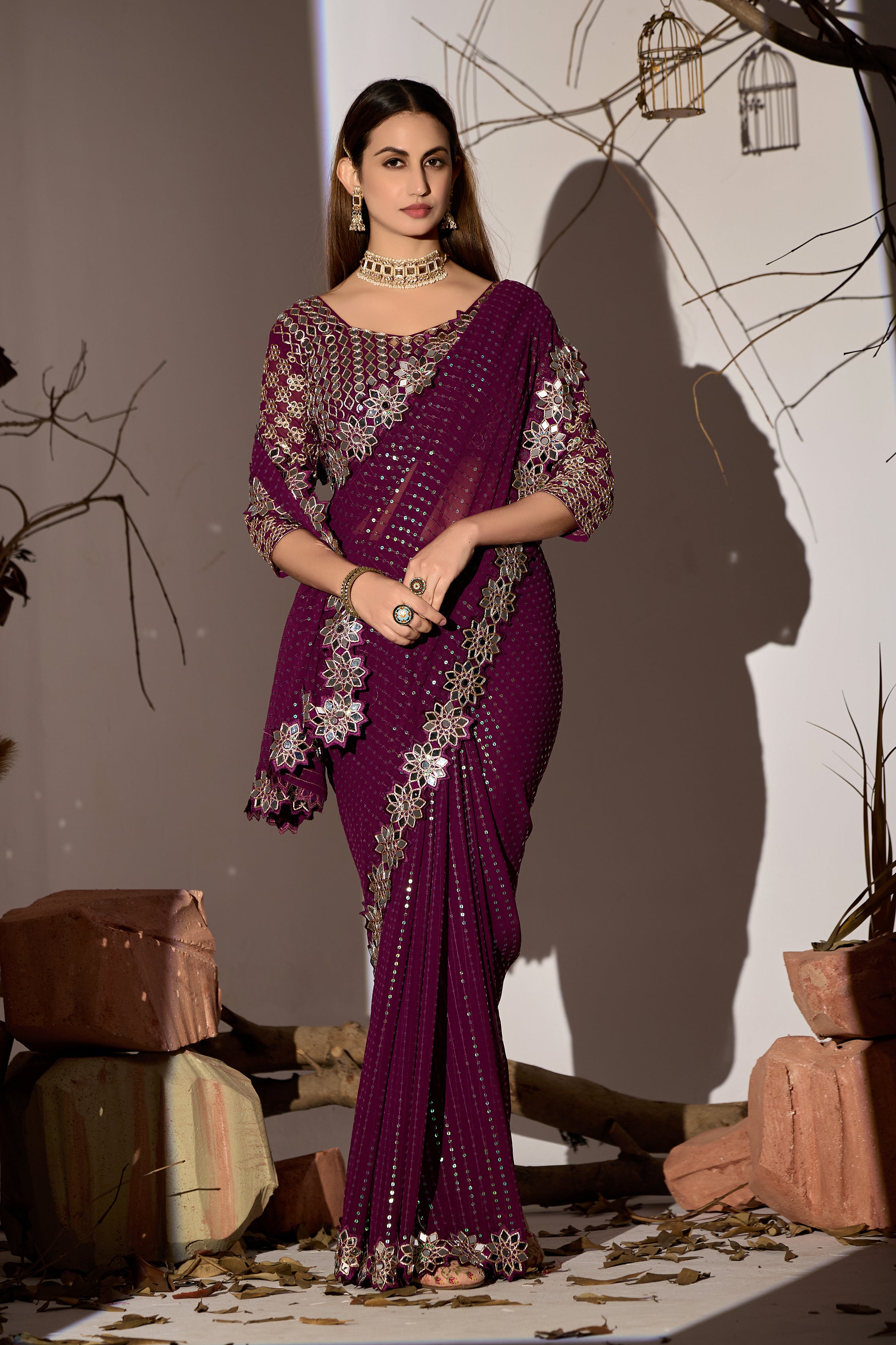 Radiant Tangerine Bit Georgette Saree with Mirror-Work Border