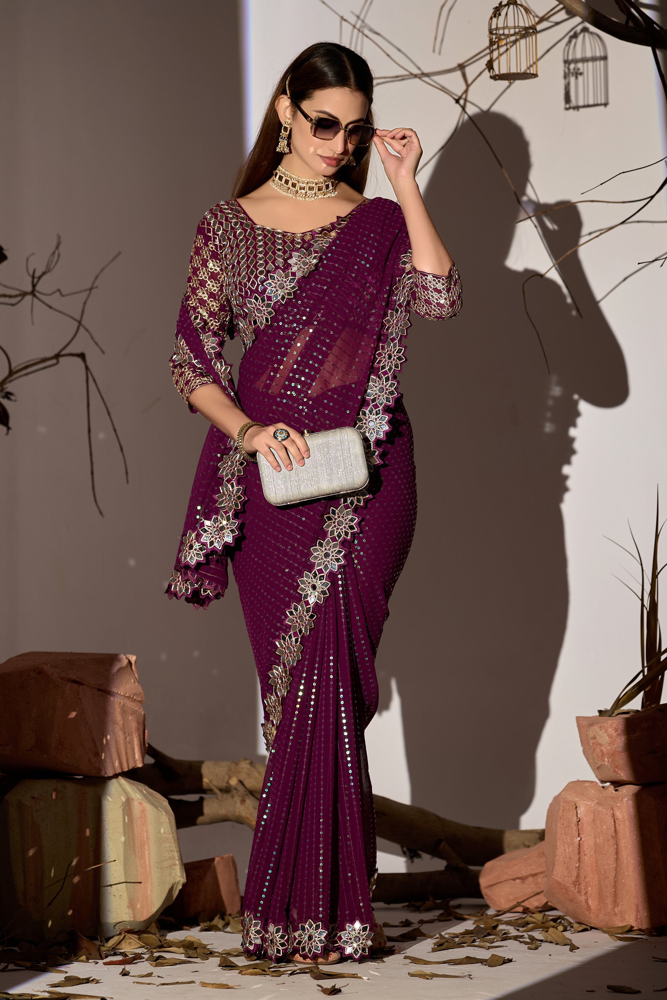 Radiant Tangerine Bit Georgette Saree with Mirror-Work Border