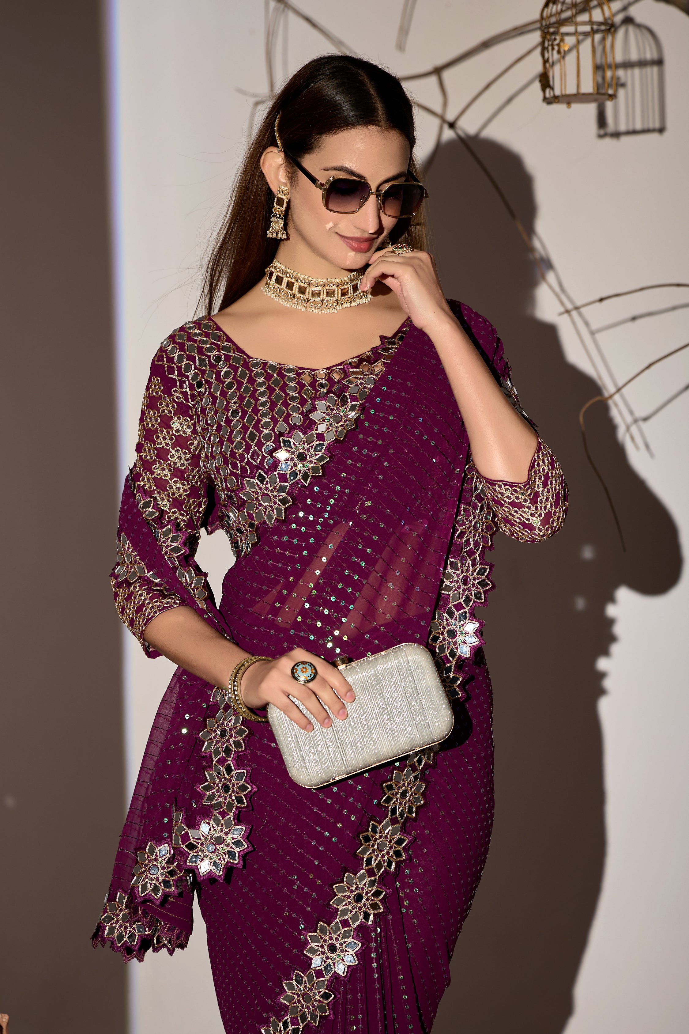 Radiant Tangerine Bit Georgette Saree with Mirror-Work Border