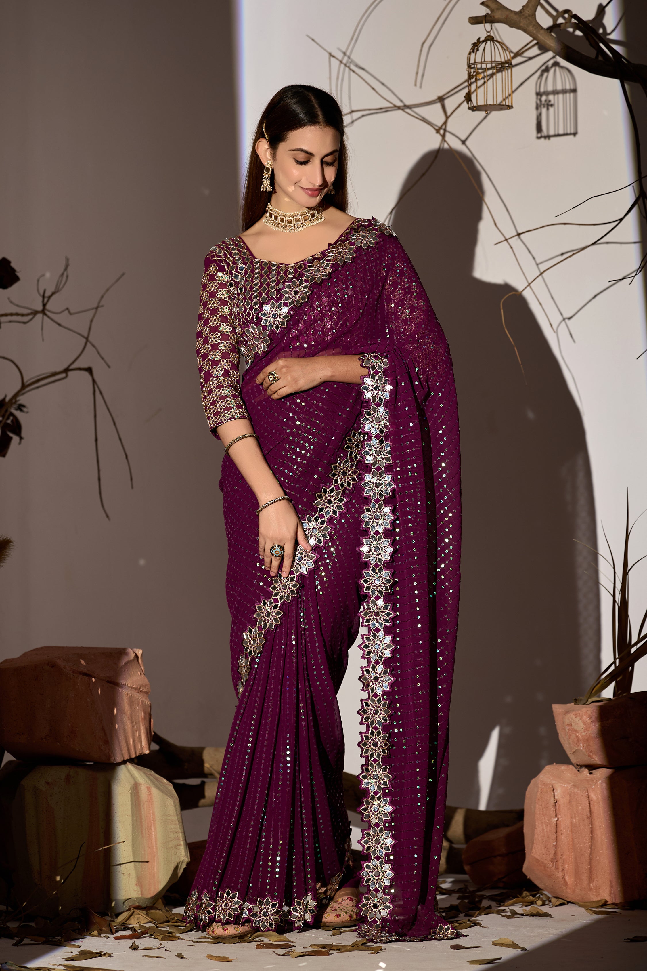 Radiant Tangerine Bit Georgette Saree with Mirror-Work Border