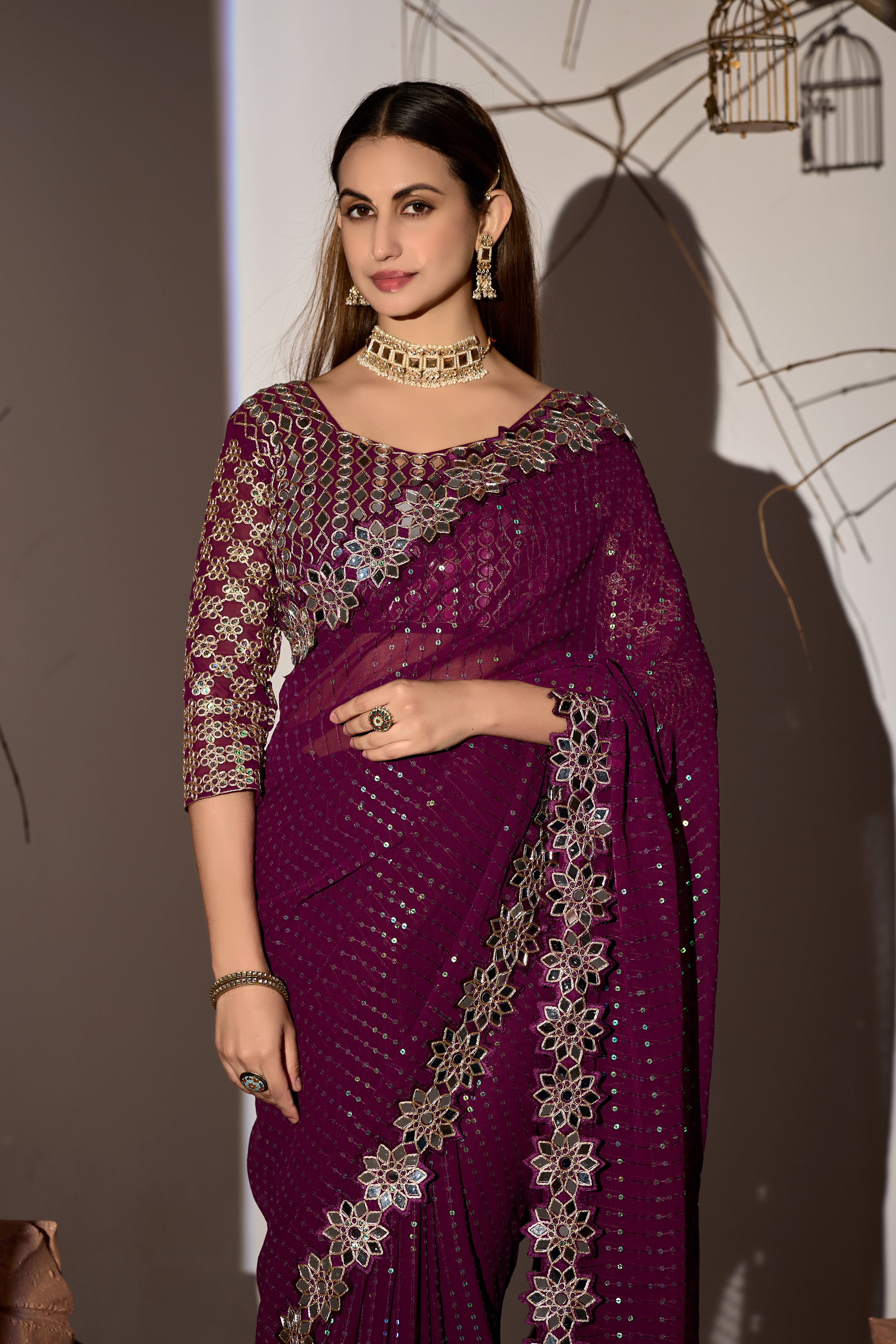 Radiant Tangerine Bit Georgette Saree with Mirror-Work Border