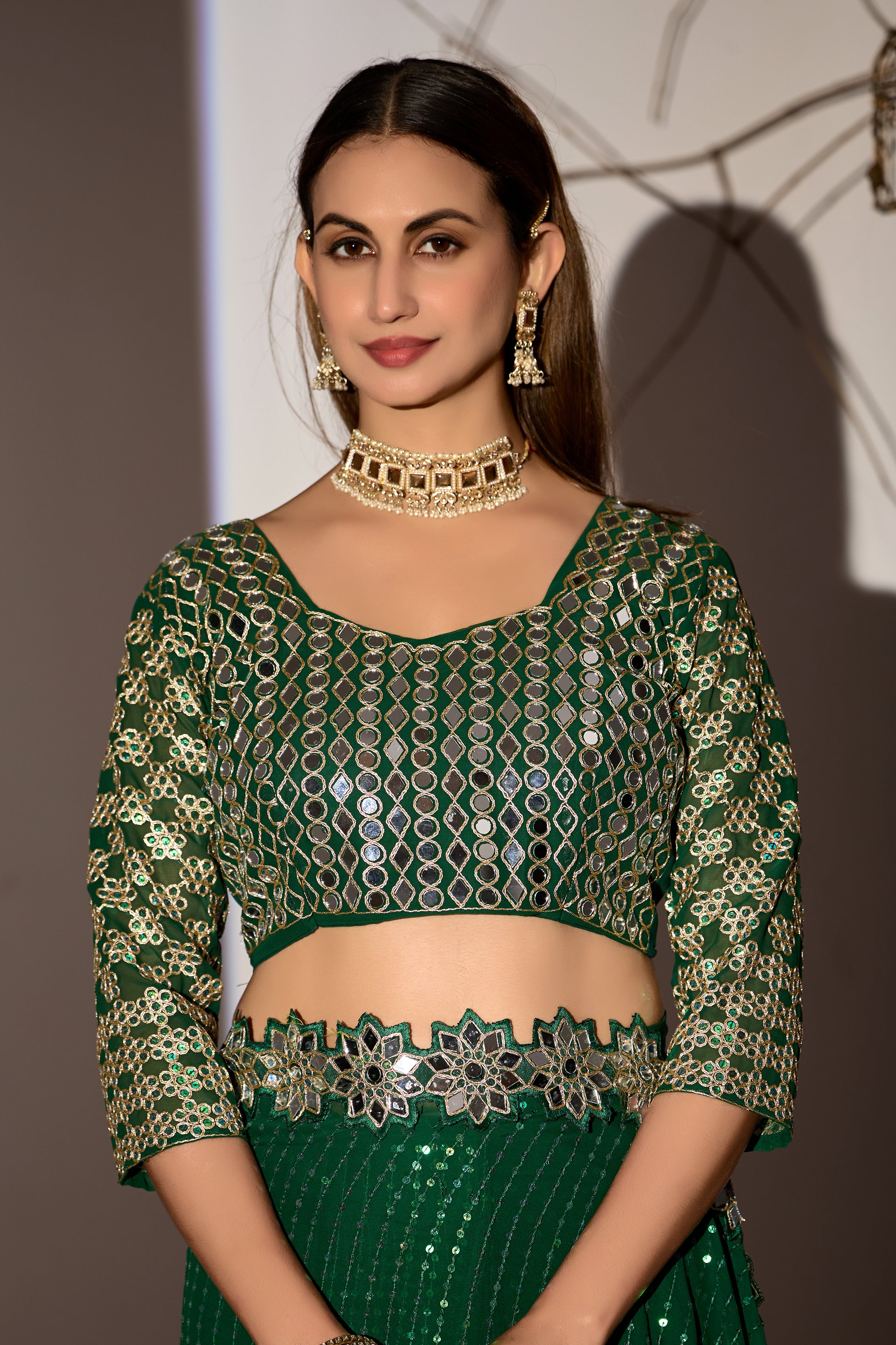 Radiant Tangerine Green Georgette Saree with Mirror-Work Border