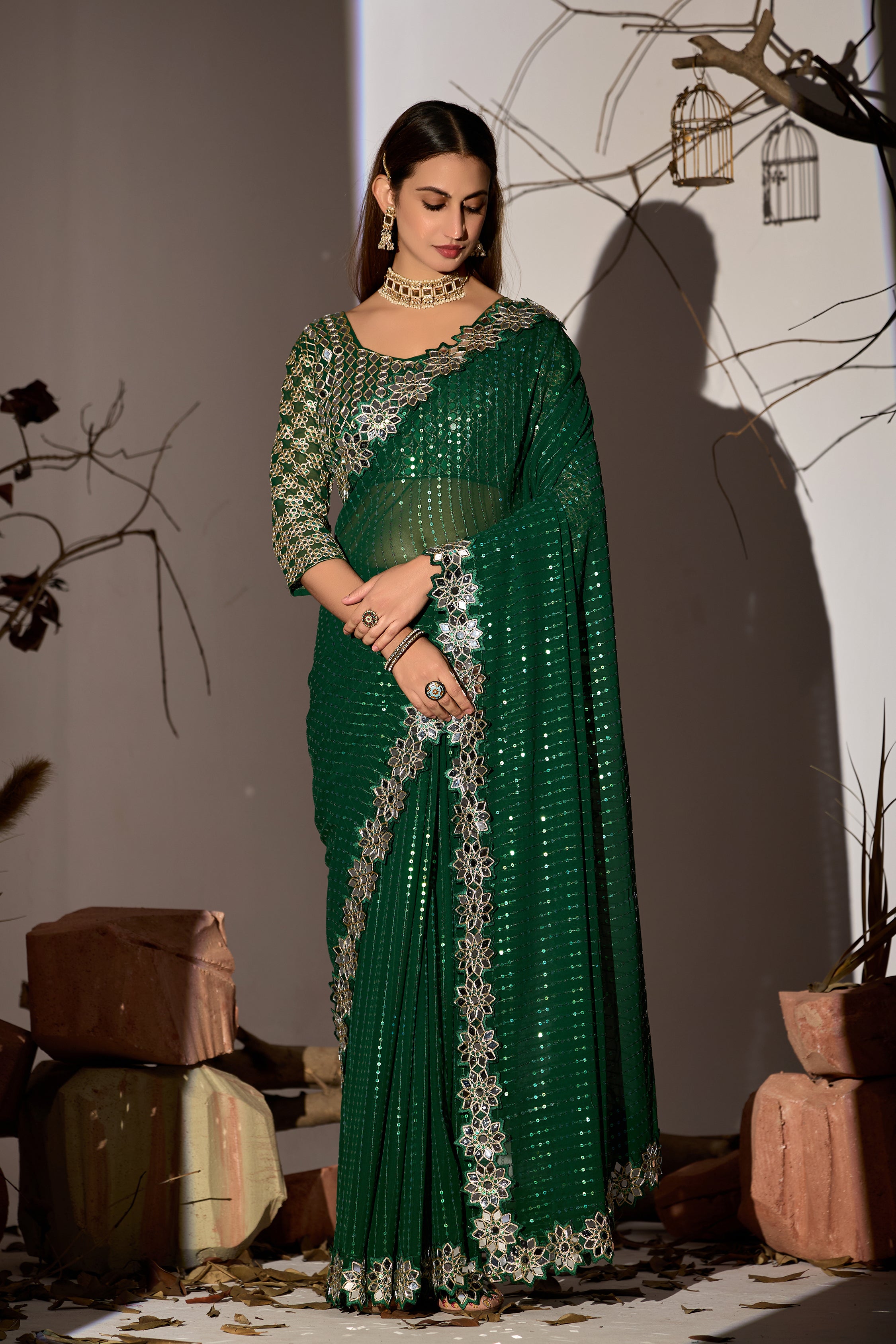 Radiant Tangerine Green Georgette Saree with Mirror-Work Border