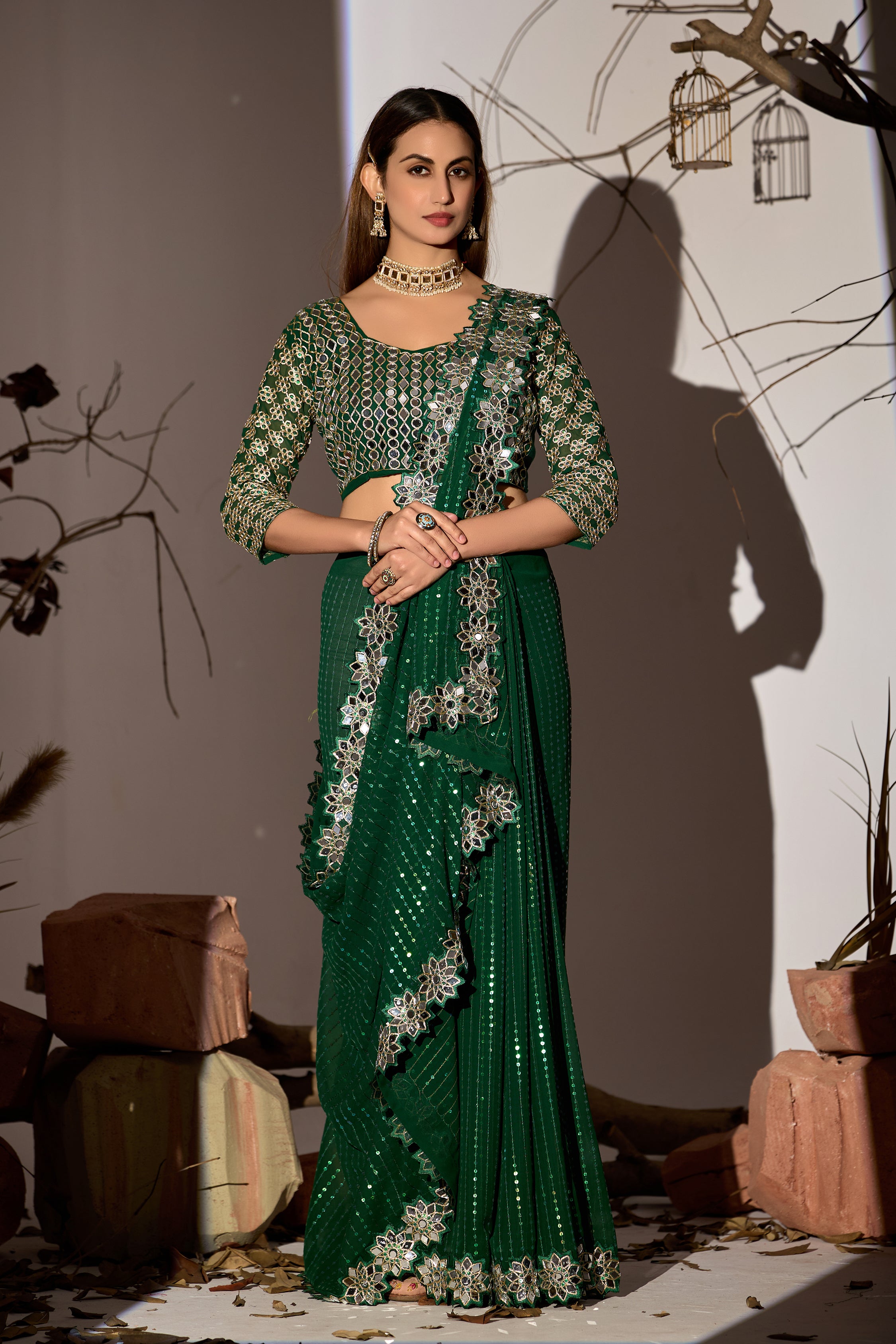 Radiant Tangerine Green Georgette Saree with Mirror-Work Border