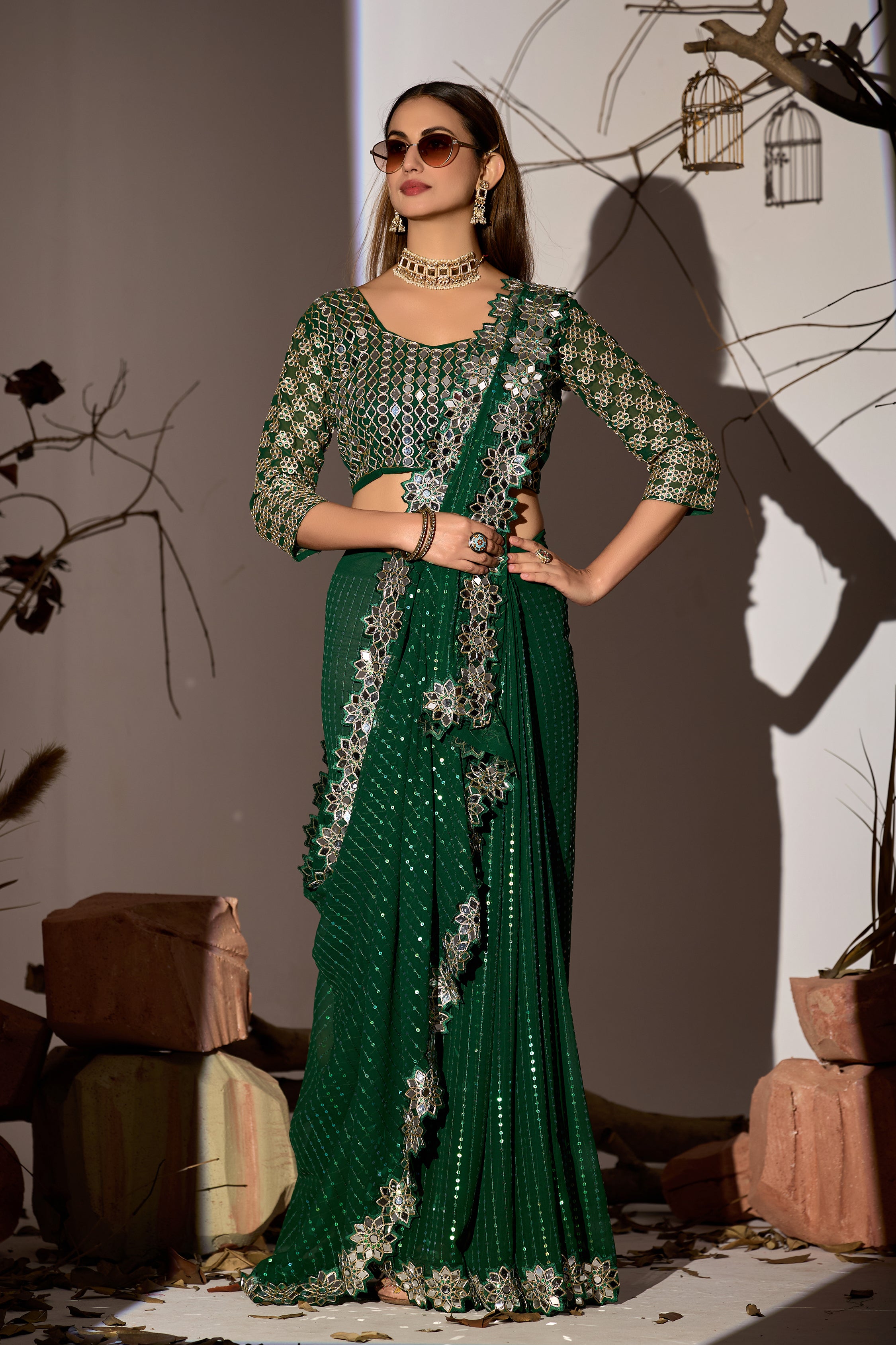 Radiant Tangerine Green Georgette Saree with Mirror-Work Border