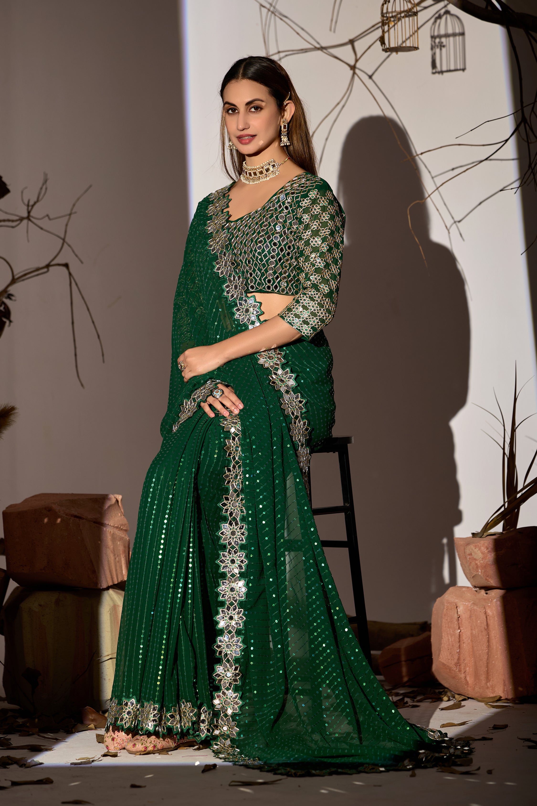 Radiant Tangerine Green Georgette Saree with Mirror-Work Border