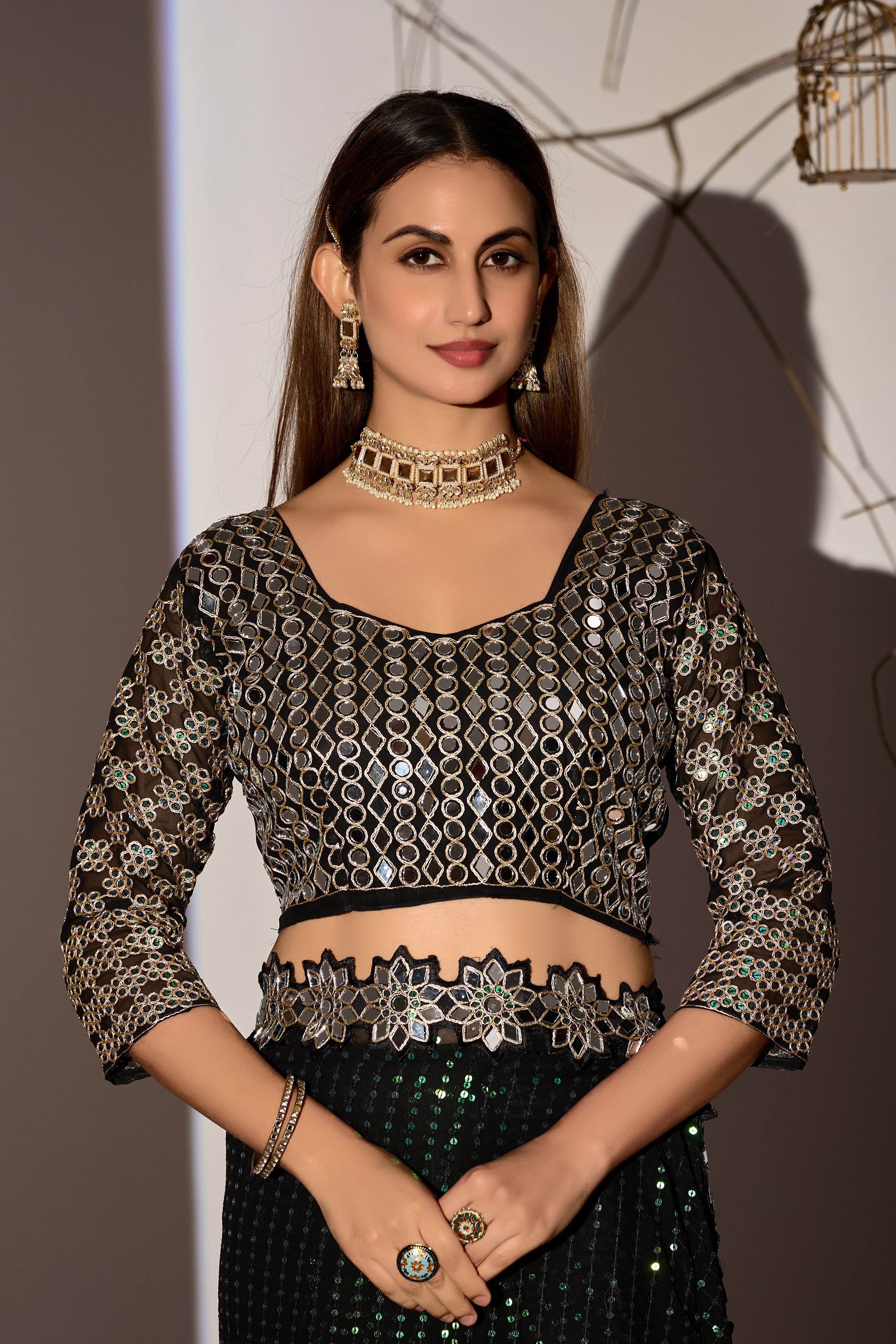 Radiant Tangerine Black Georgette Saree with Mirror-Work Border