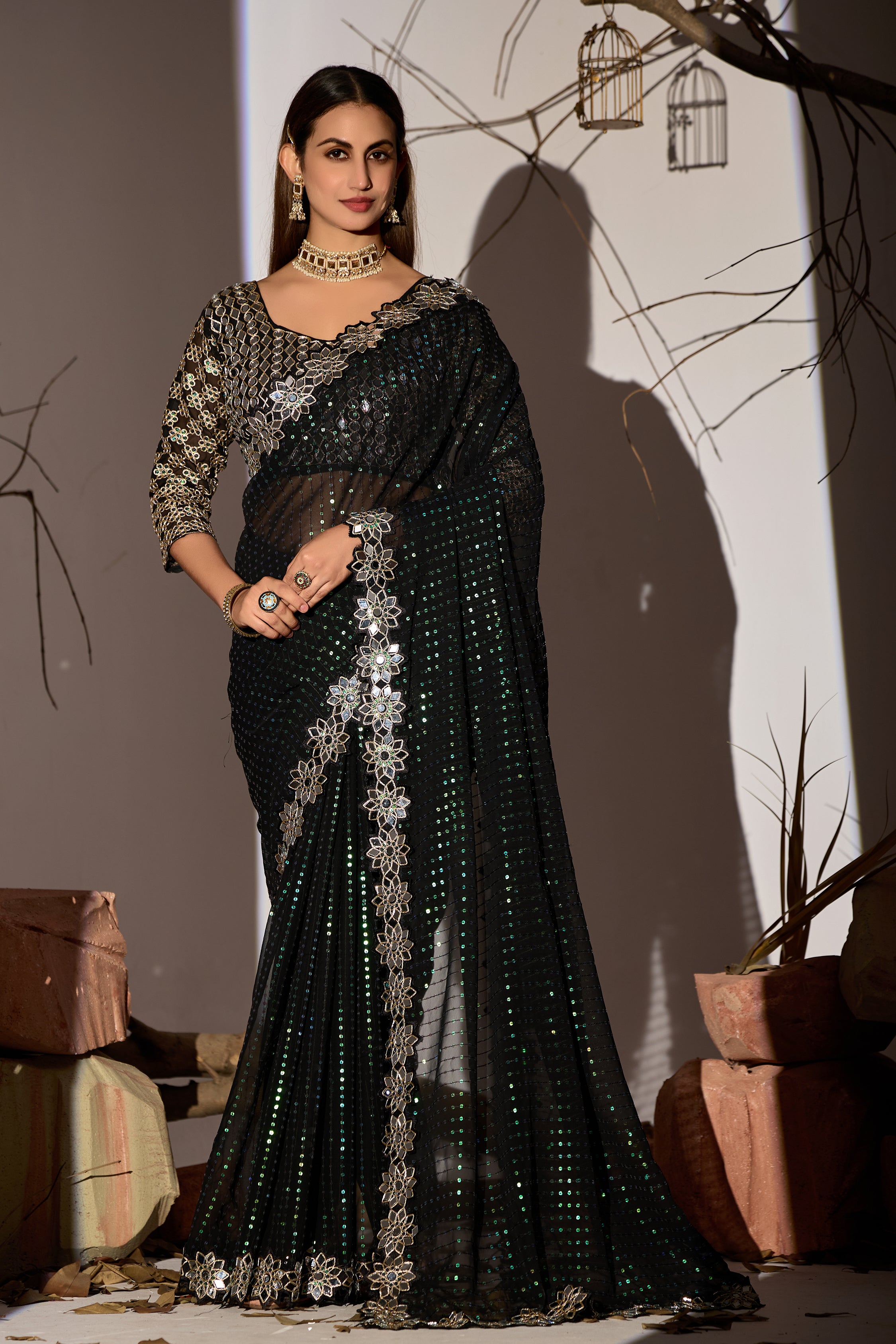 Radiant Tangerine Black Georgette Saree with Mirror-Work Border
