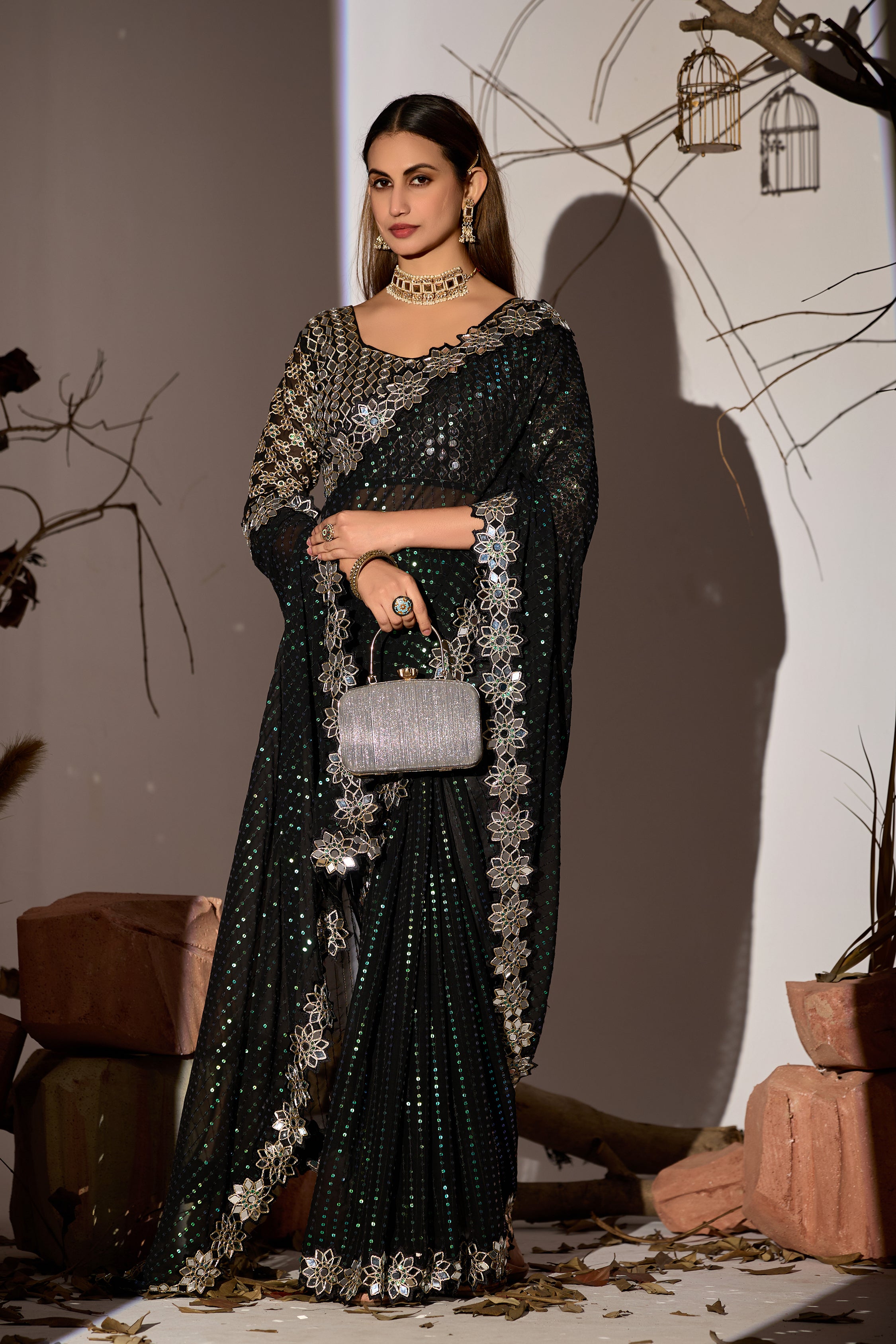 Radiant Tangerine Black Georgette Saree with Mirror-Work Border